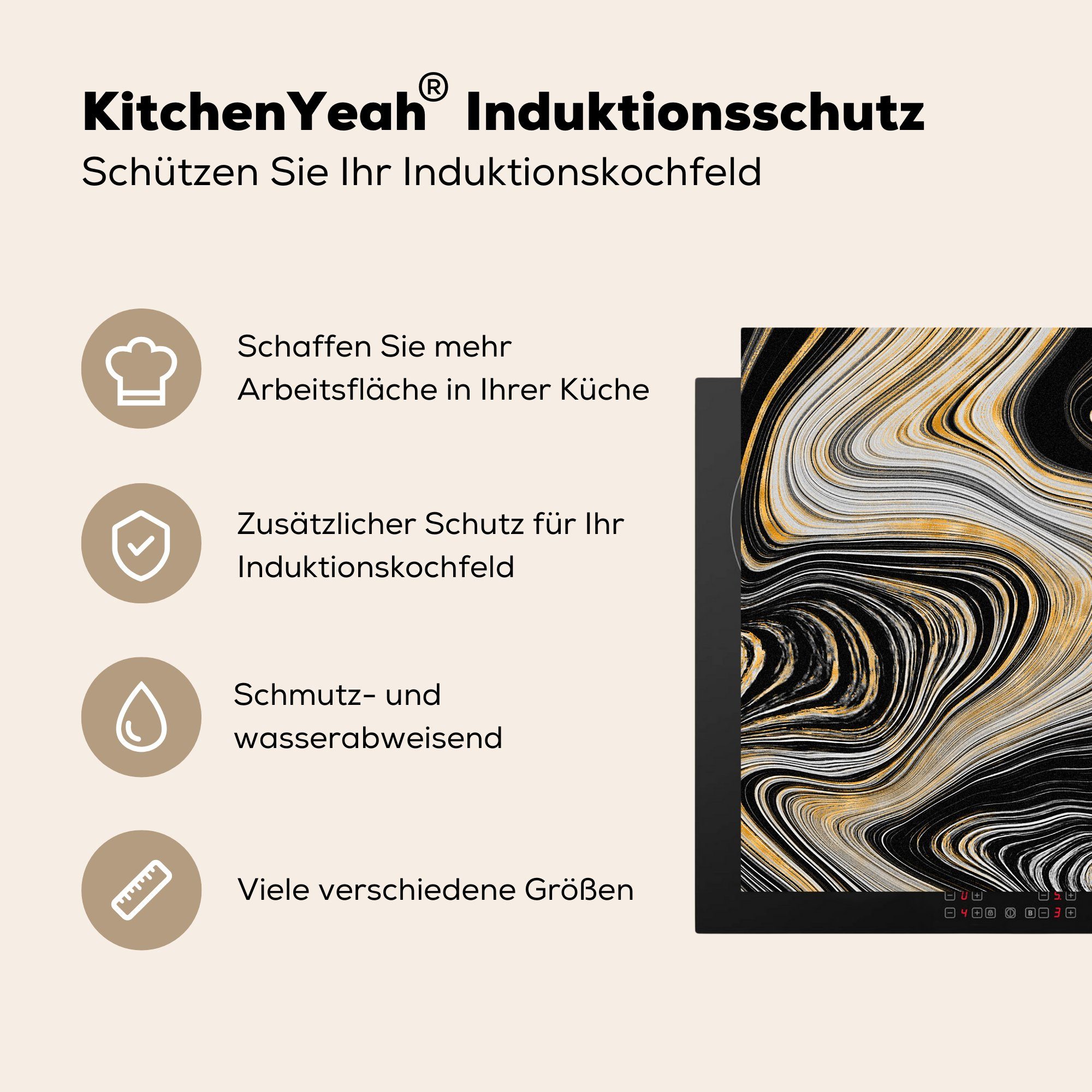 Arbeitsplatte Ceranfeldabdeckung, Herdblende-/Abdeckplatte - MuchoWow Vinyl, - Linie, 78x78 für (1 küche Marmor tlg), cm, Gold