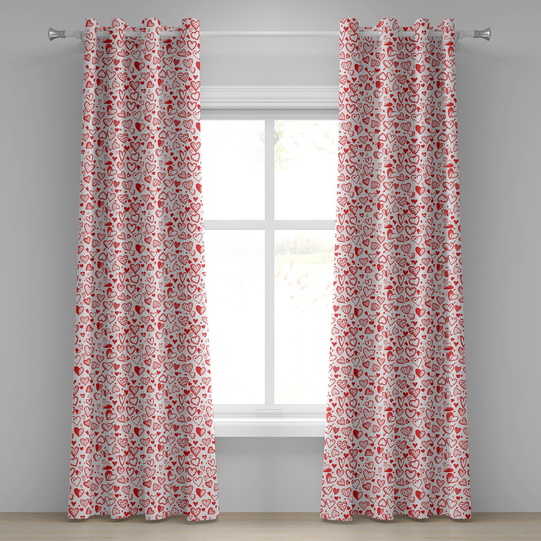 Gardine Dekorative 2-Panel-Fenstervorhänge für Schlafzimmer Wohnzimmer, Abakuhaus, Valentines Rote und weiße Skizze