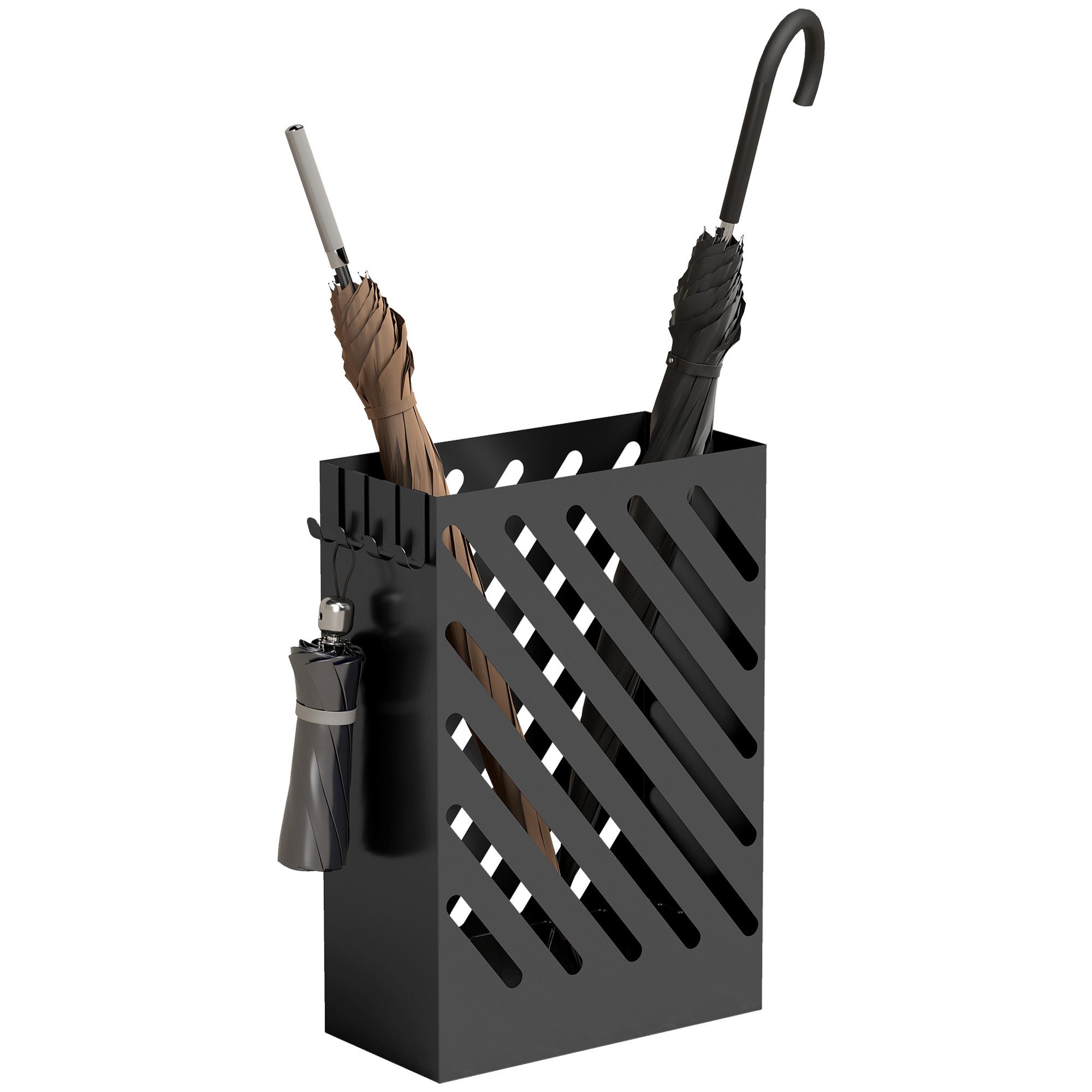 HOMCOM Schirmständer Regenschirmkorb mit 4 Haken und Wasserauffangschale (Regenschirmhalter für Gehstöcke, Regenschirme, 1 St., Stahl), 28 x 14 x 41 cm, Schwarz