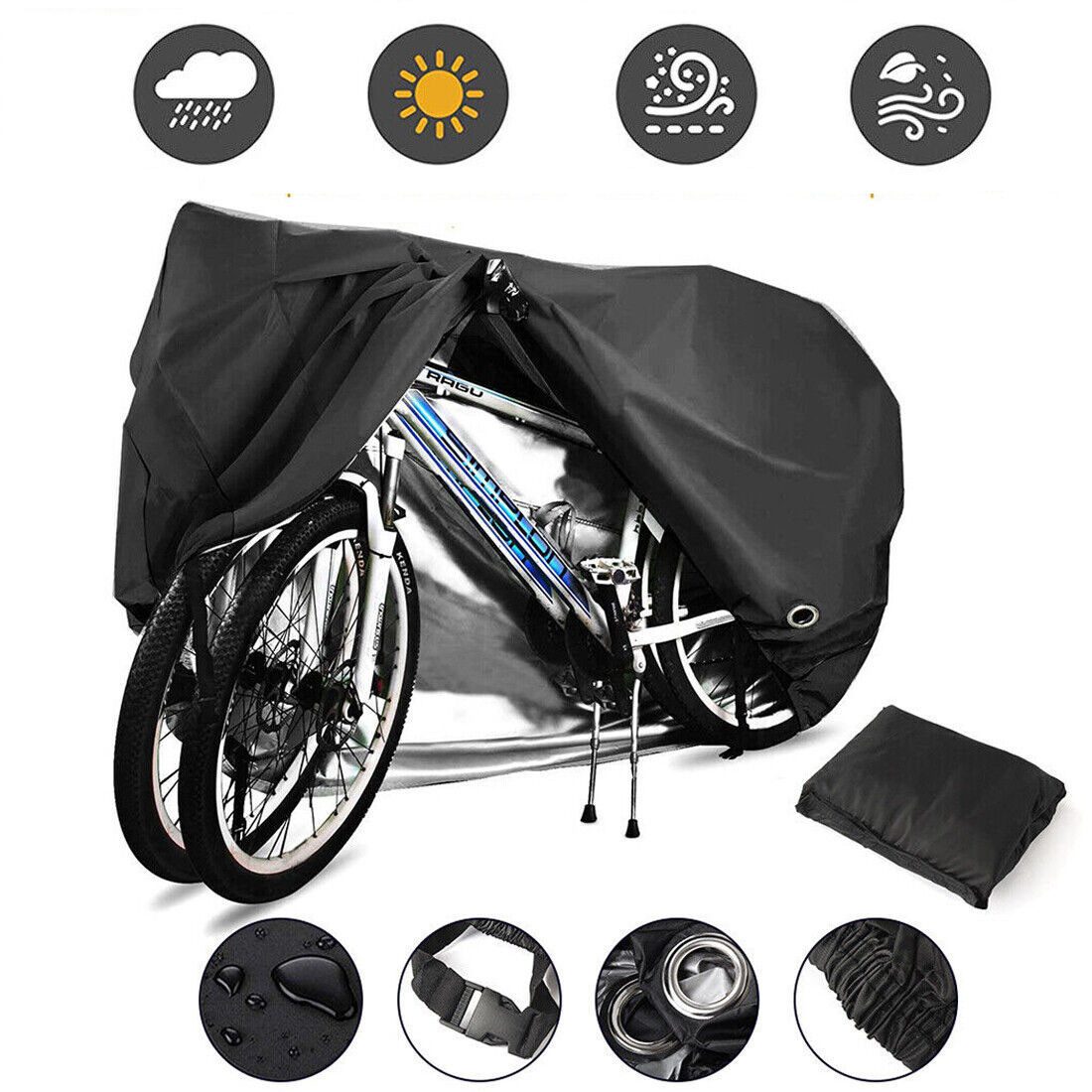 Refined Living Fahrradschutzhülle Fahrradgarage Abdeckplane Fahrradabdeckung Wetterschutz (mit Diebstahlschutz - Wasserdicht & UV-Schutz, Outdoor Fahrrad Schutzhülle, Wasserdichte Fahrradabdeckung, Fahrradschutz, 1-St., Reißfest mit Aufbewahrungstasche, 200x110cm, Abdeckung für E-Bike), Für 2 Fahrräder, für Mountainbikes, Rennräder, kleine Motorräder