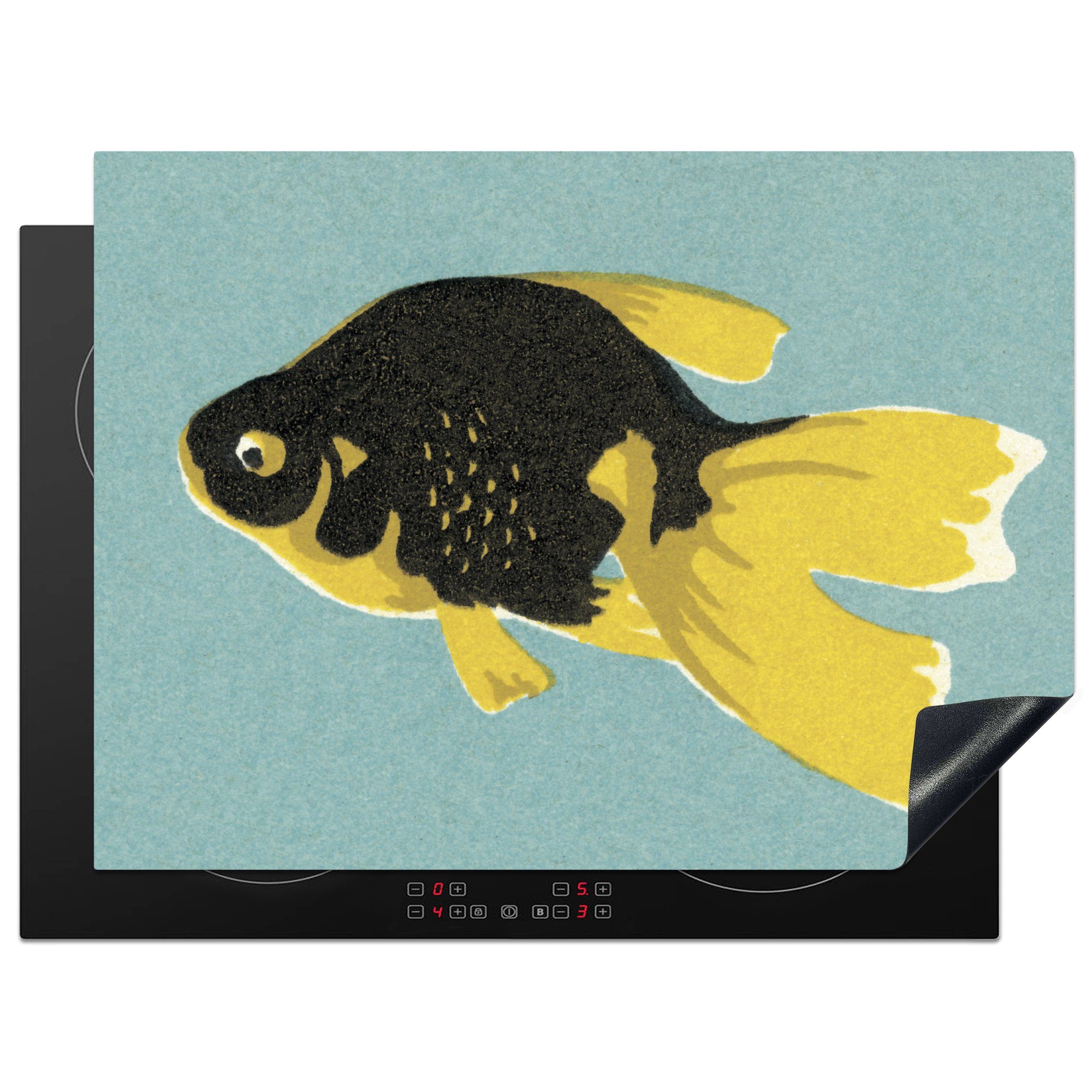 MuchoWow Herdblende-/Abdeckplatte Eine Illustration eines schwarz-gelben Fisches in der Pop-Art, Vinyl, (1 tlg), 70x52 cm, Mobile Arbeitsfläche nutzbar, Ceranfeldabdeckung