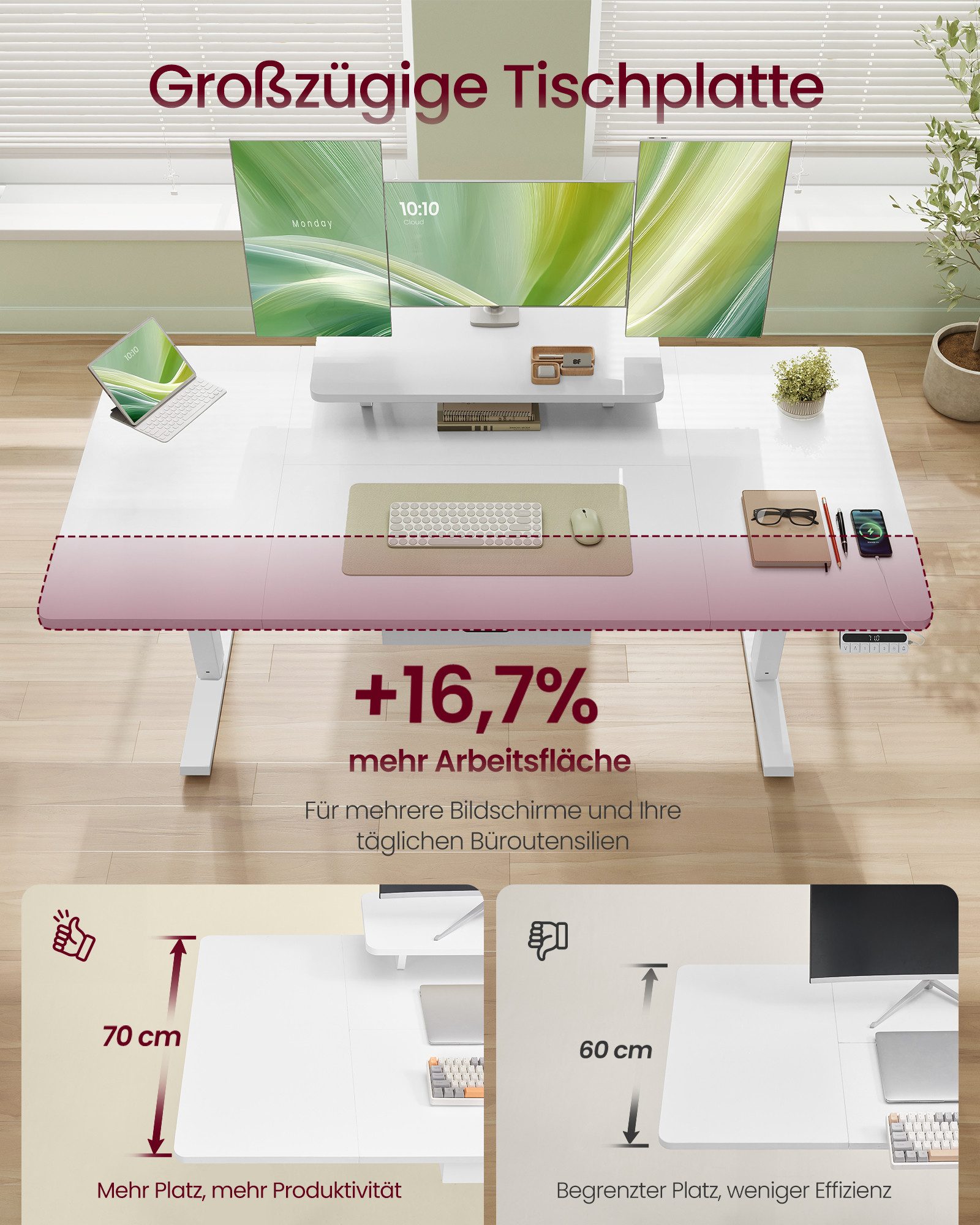 VASAGLE Schreibtisch Höhenverstellbarer, flexibel montierbarer Monitorständer, Schublade, USB-C-Anschluss, Erinnerung bei langem Sitzen