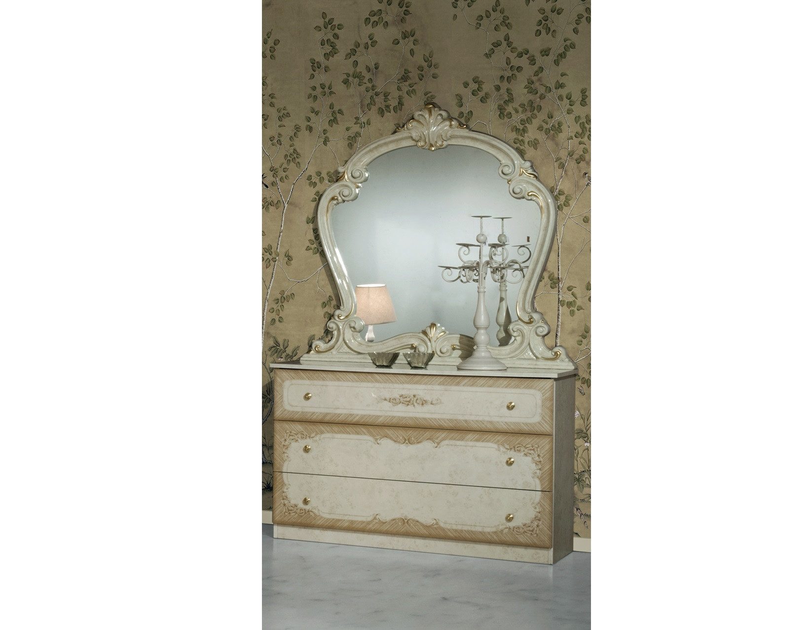 Interdesign24 Kommode Serafina (mit 3 Schubladen, floralen Verzierungen), in Beige Hochglanz