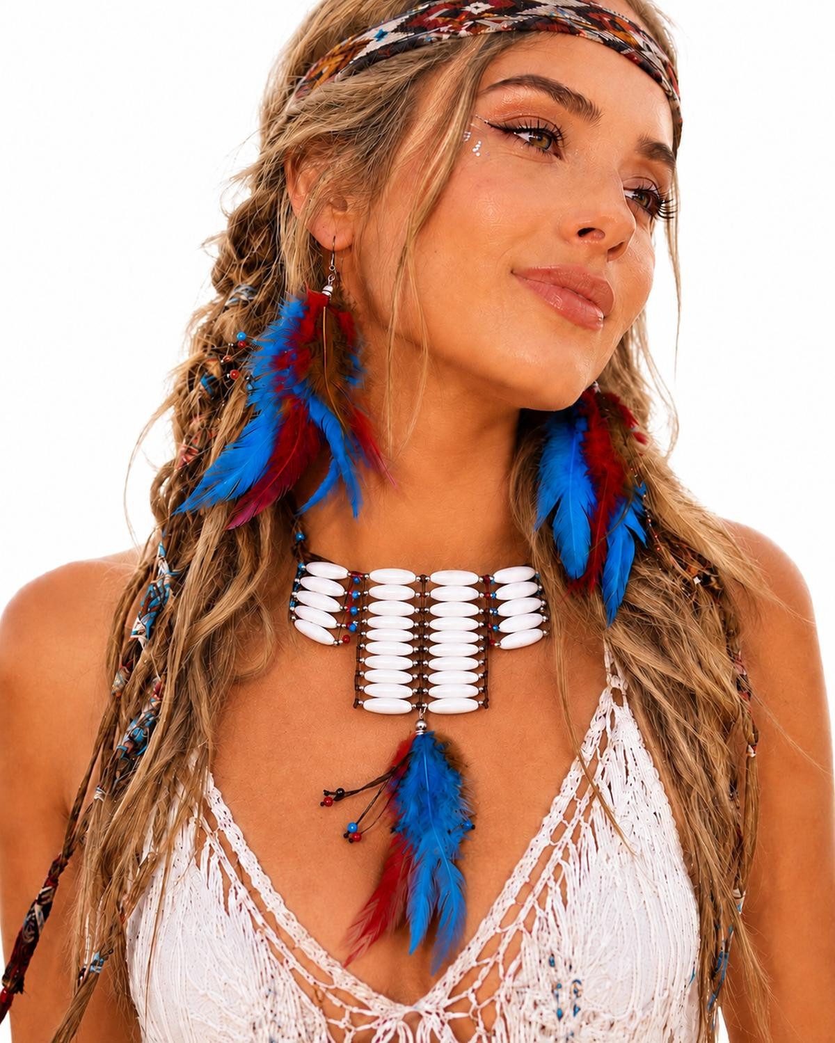 Das Kostümland Kostüm Feder Schmuck Set - Halskette und Ohrringe, Türki