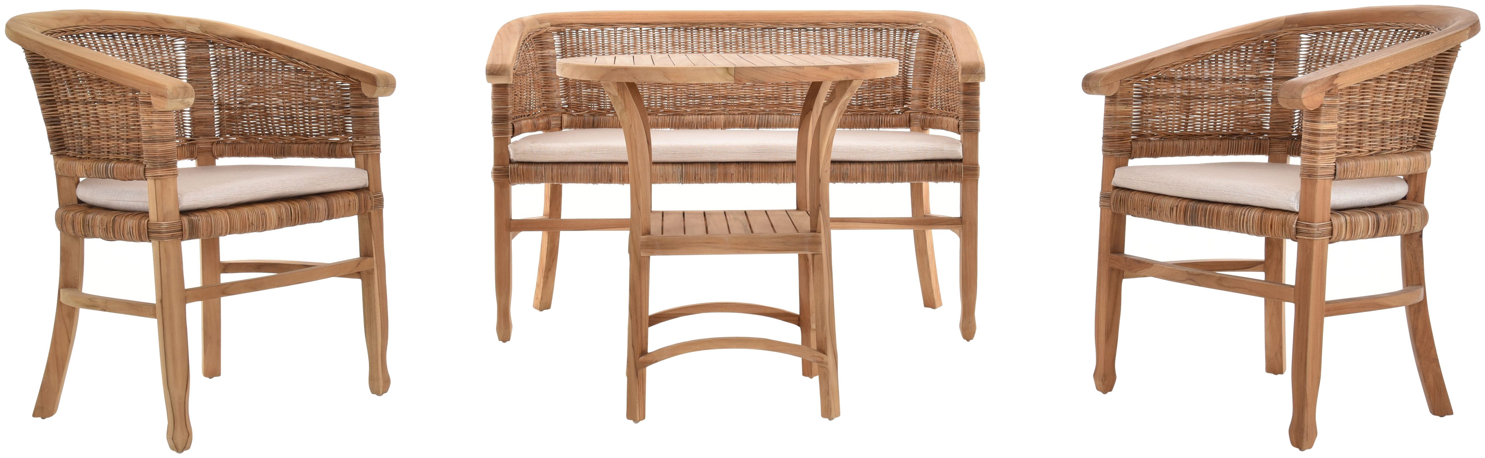 Krines Home Sitzgruppe Set/4 Wintergartenset Teak Sitzgruppe Garnitur (Teak-Naturrattan), (4-tlg., 2x Teak Armlehnsessel, 1x Teakbank, 1x Teaktisch), Mit einer praktischen Ablage unter der Tischplatte
