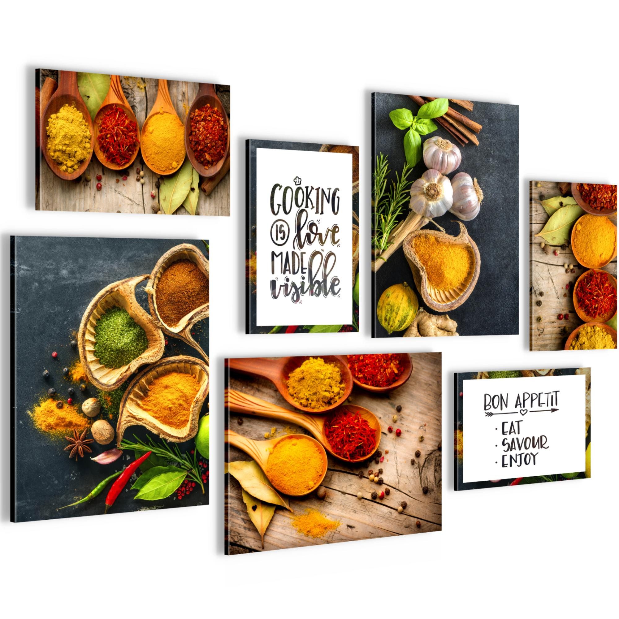 Novart Wandbild Wandbilder Küche Kaffee - AUFHÄNGFERTIG - Küchenbilder Obst 100x70 cm, Gewürze (7 St)