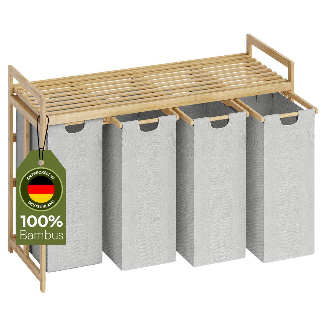 Bellamio Wäschekorb Newa aus Bambus (4 Fächer mit 1 Ablage, Hellgrau 200 L) günstig online kaufen