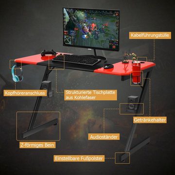 COSTWAY Gamingtisch, 120cm, mit praktischen Becherhalter, Haken & 2 Ständern