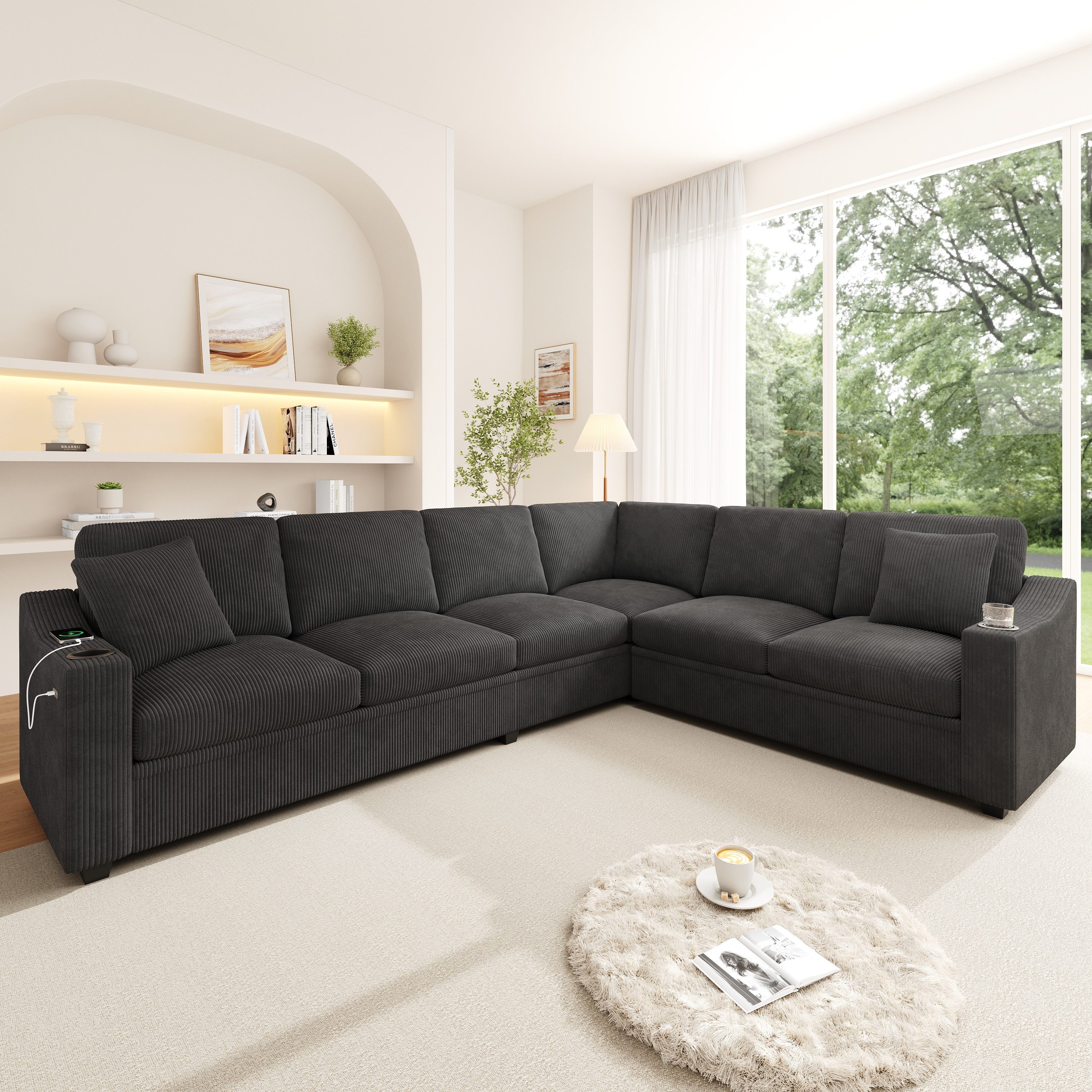 Merax Ecksofa mit USB & Type-C Schnellladeanschluss, L-förmiges Modulsofa Cordstoff, 277 × 215 × 85 cm 1 Teile, 6-Sitzer-Sofa mit 2 Getränkehaltern & 2 Kissen, große Wohnlandschaft