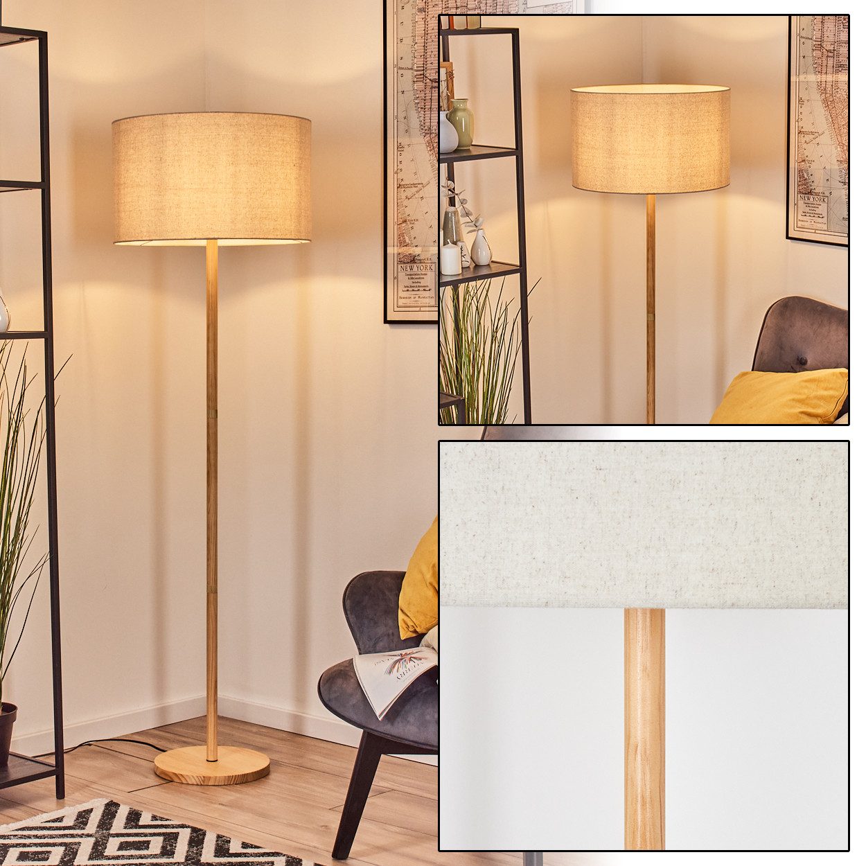 hofstein Stehlampe Stehlampe aus Holz im modernen Boho-Design, ohne Leuchtmittel, Stehleuchte mit Schirm aus Stoff und Fußschalter, Ø 50 cm, 167 cm, E27