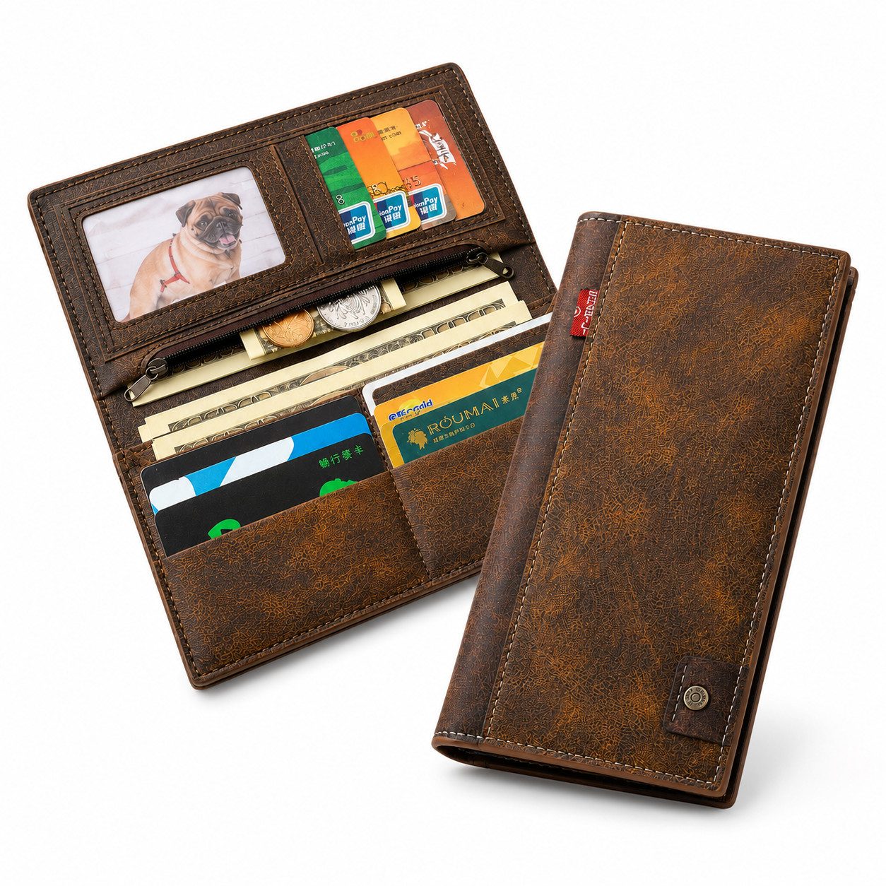 Luckice Geldbörse Herren Geldbörse Langformat Braun Vintage-Lederoptik (Portemonnaie für bis zu 15 Karten, Münzfach mit Reißverschluss, Sichtfenster, Geldscheinfach, schlankes Design), Geschenkidee für Alltag & Business,Weihnachtsgeschenk