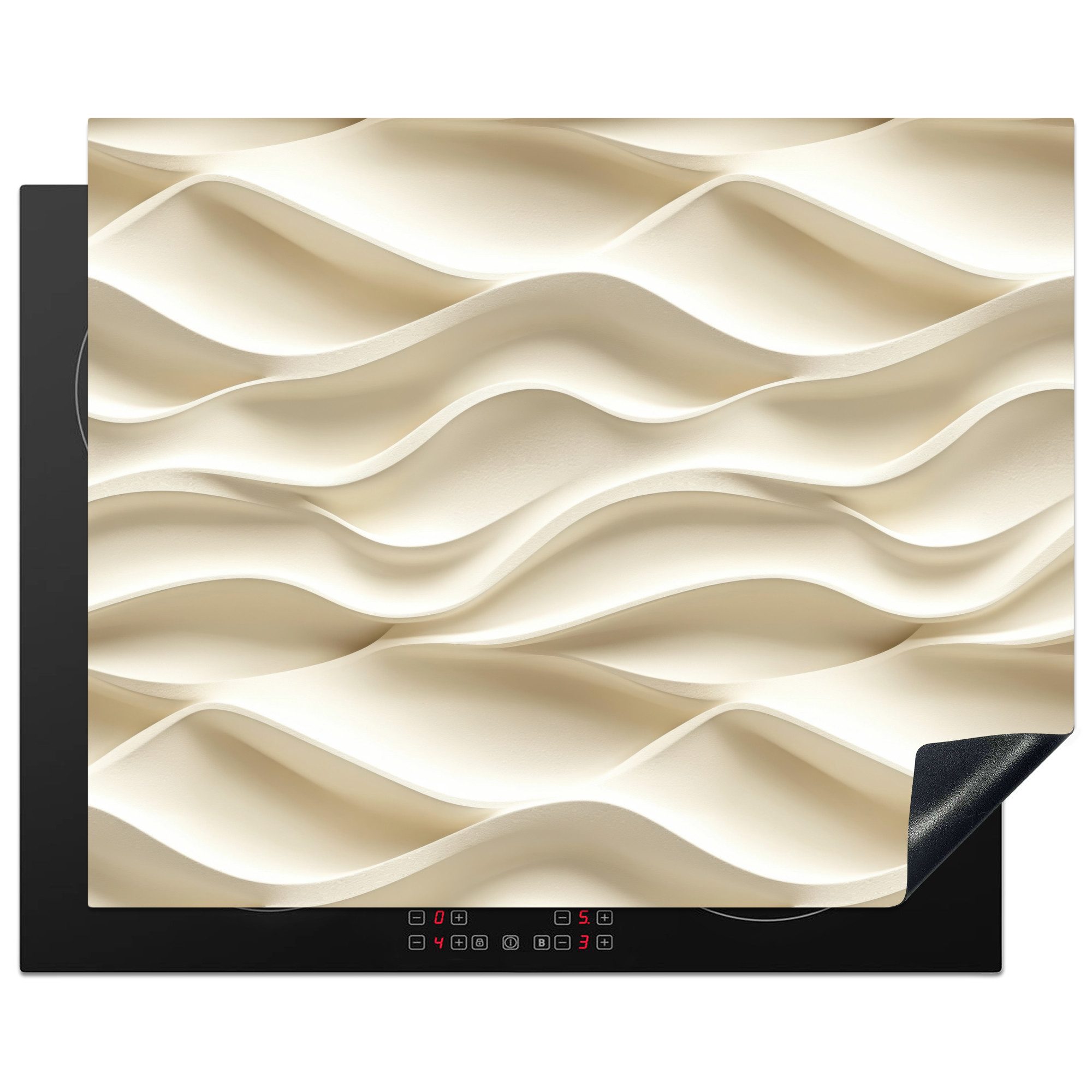 MuchoWow Herd-Abdeckplatte Linien - Gewellt - Creme, Vinyl, (1 tlg), Abdeckung Induktionskochfeld Schutzmatte, Küche Deko, 65x52 cm