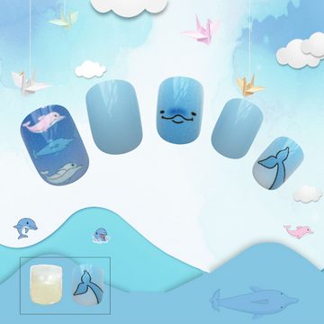 HYTIREBY Kunstfingernägel Kindernägel Künstliche Nagelspitzen für Kinder Falsche Fingernägel, 24-tlg., Kinder Nagelkunst Dekoration (Blue Theme)
