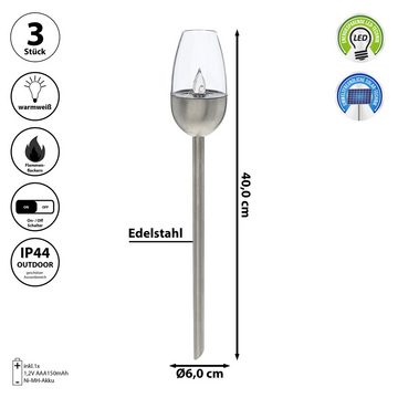 CEPEWA LED Solarleuchte LED Solar Fackel 3er Set silber 6x40x6cm Edelstahl Kunststoff Akku