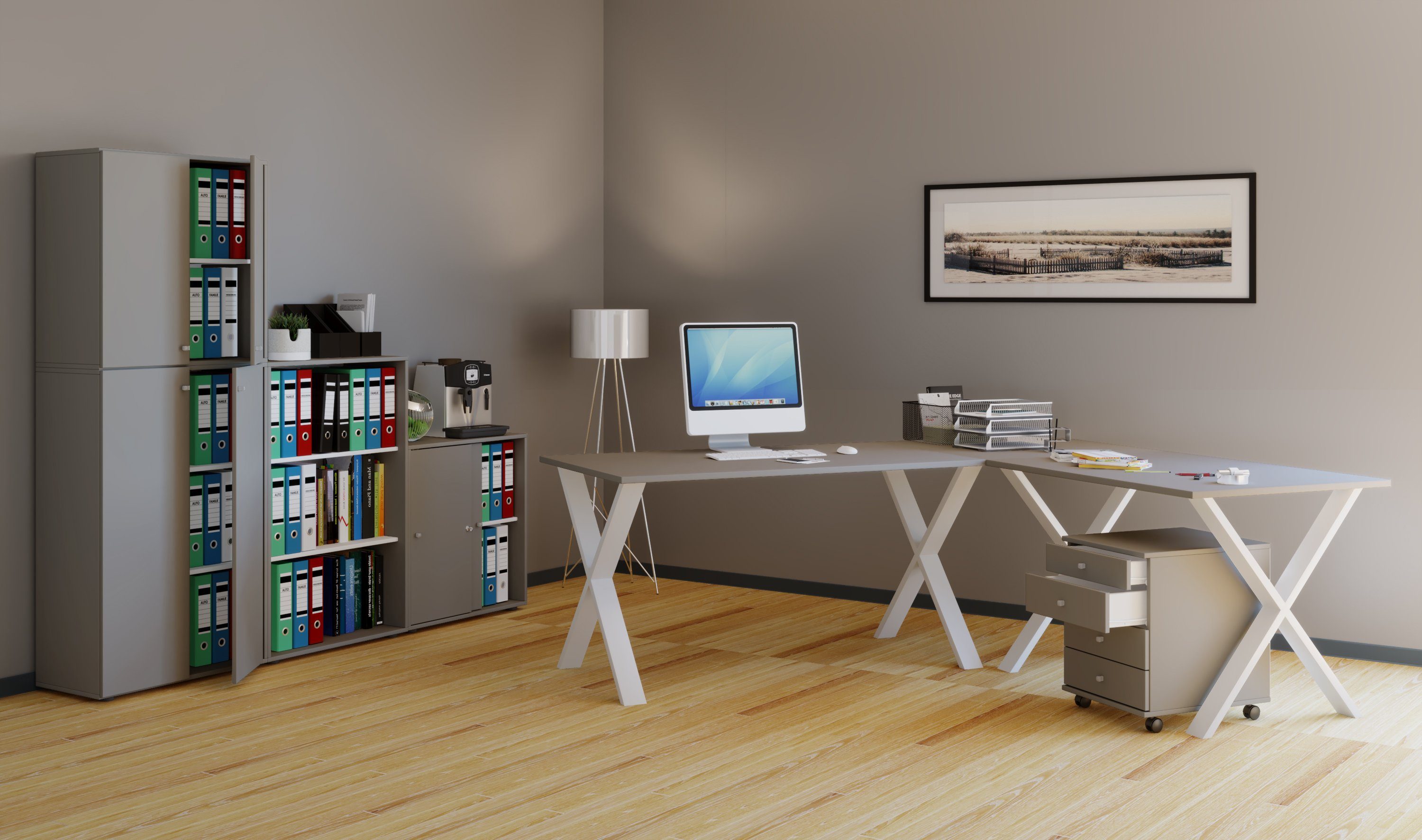VCM Schreibtisch Büromöbel Eckschreibtisch Lona 80 X Alu Weiß