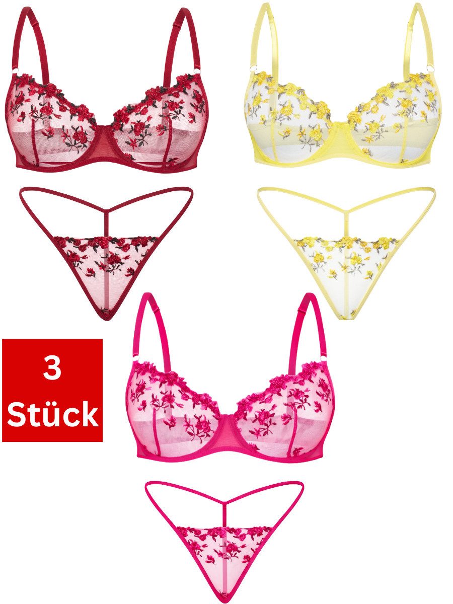 Elegant Love Set: Bügel-BH Elegantes Dessous-Set aus Spitze – Unterwäsche-Set mit Blumenstickerei (Packung, 2-tlg., 3-er Pack) Lingerie-Set – BH & String aus besticktem Tüll/Mesh, Reizwäsche