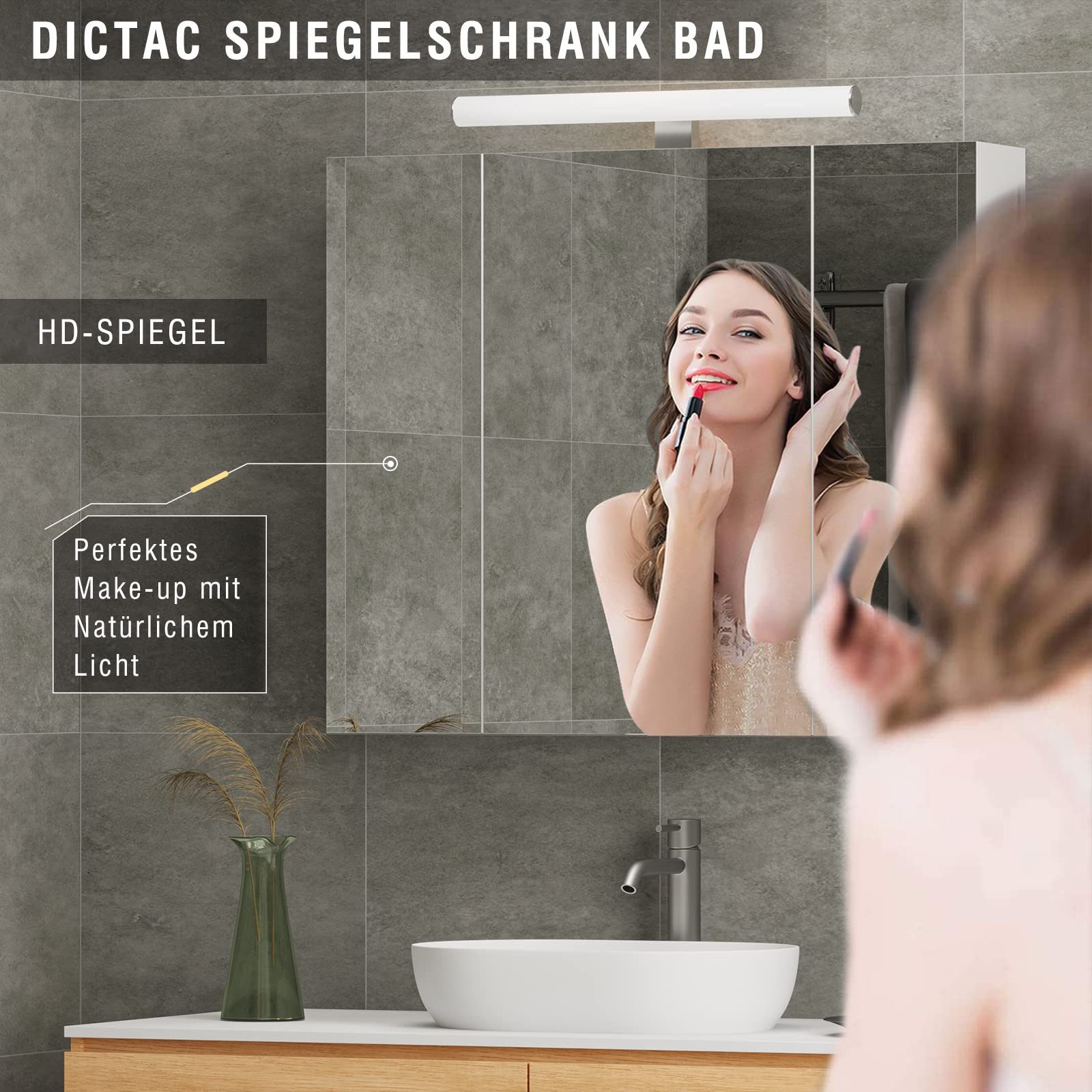 MSMASK Badezimmerspiegelschrank mit LED Beleuchtung, Steckdose und lichtschalter 70x15x60cm(BxTxH) (Ohne Matratze) Badezimmer spiegelschrank mit 3 Türen,Spiegel – Bild 3 von 5
