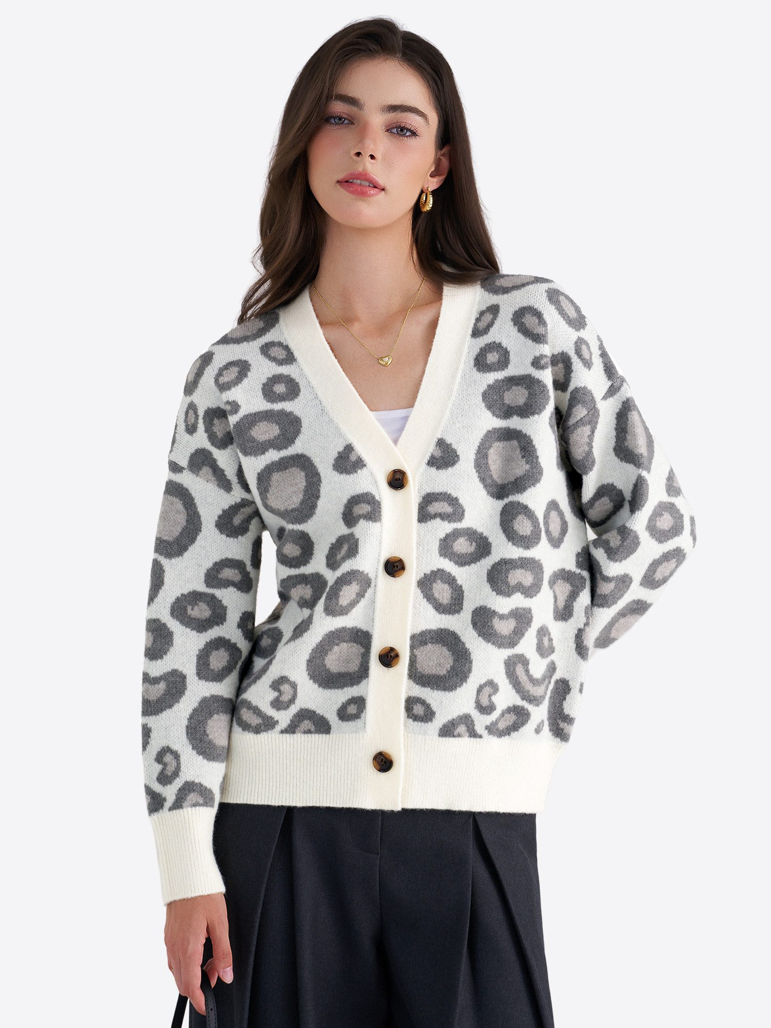 Imily Bela Cardigan Damen Leo-Look Strikjacken mit V-Ausschnitt (Packung, 1-tlg., 1per-Pack) mit Knöpfe