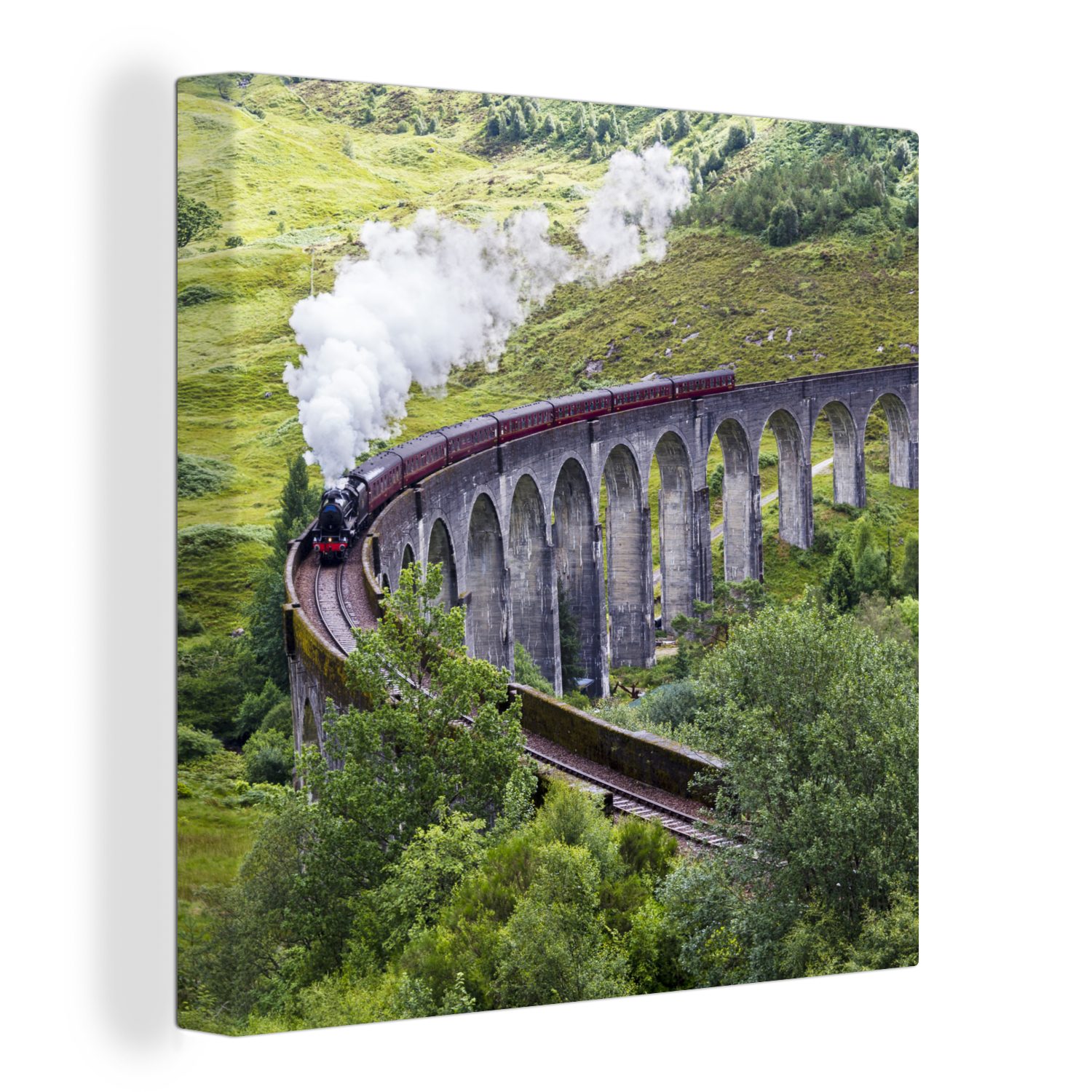 OneMillionCanvasses® Leinwandbild Dampfzug inmitten der grünen Landschaft Schottlands, (1 St), Leinwand Bilder für Wohnzimmer Schlafzimmer