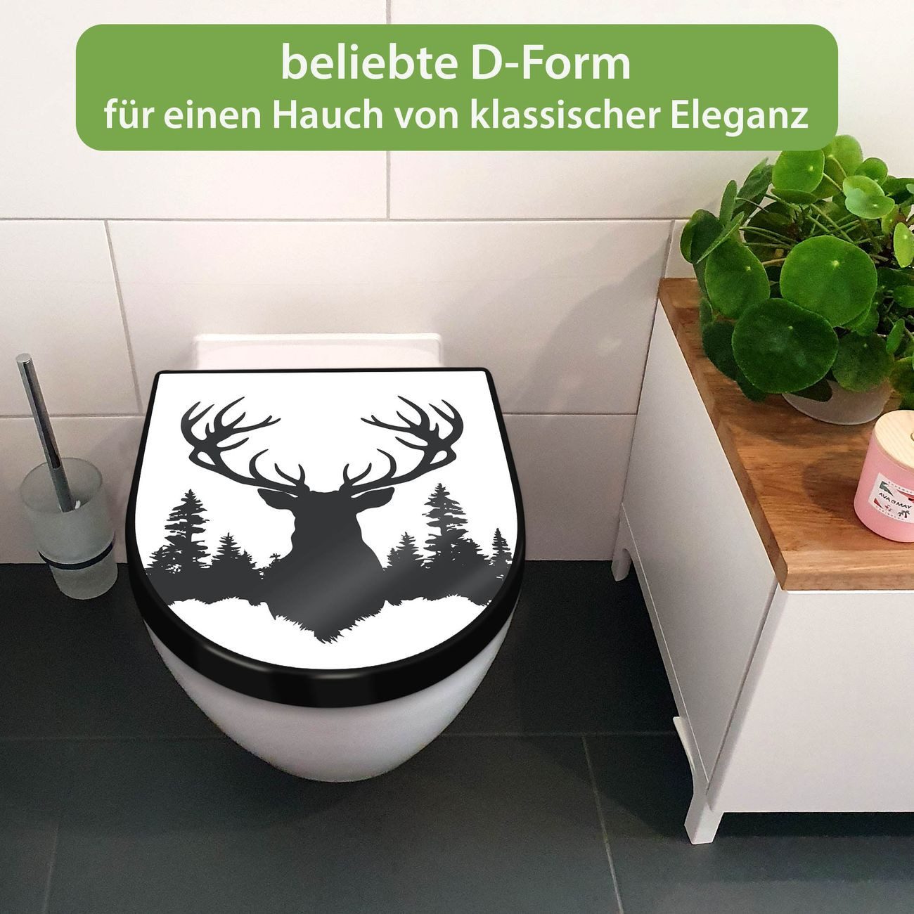 banjado WC-Sitz Premium D-Form mit Absenkautomatik Motiv Hirsch im Wald Silhouette (umweltfreundliches Material, Softclose Absenkautomatik), 45 x 36,4 x 4