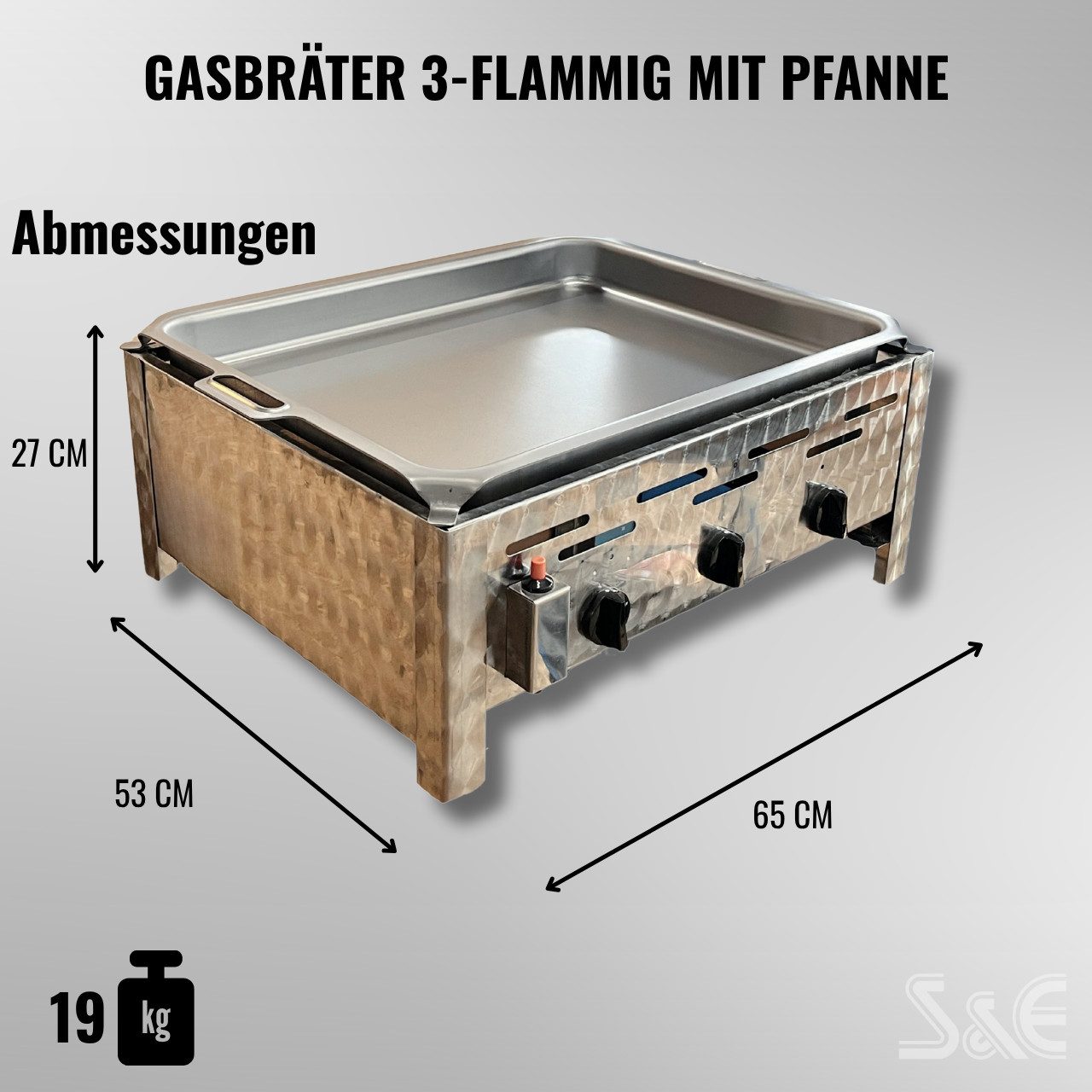 BlueCraft Gasgrill 3 flammig Brenner Edelstahl Gastrobräter Profi Gasgrill inkl. Pfanne, mit Gas Schlauch und Druckminderer Tischgrill robust Made in Germany