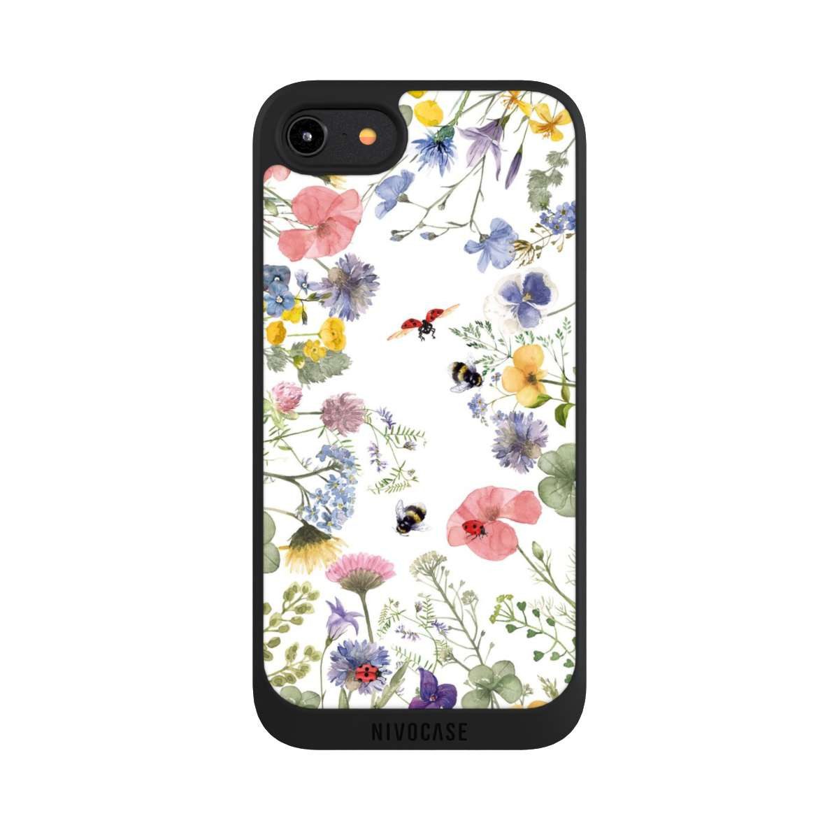 NIVOCASE Handyhülle Biene Blumen Muster Bunte Frühlingsblumen und Bienen, Apple iPhone 8 Handyhülle Hülle NIVOpure Case Schwarz