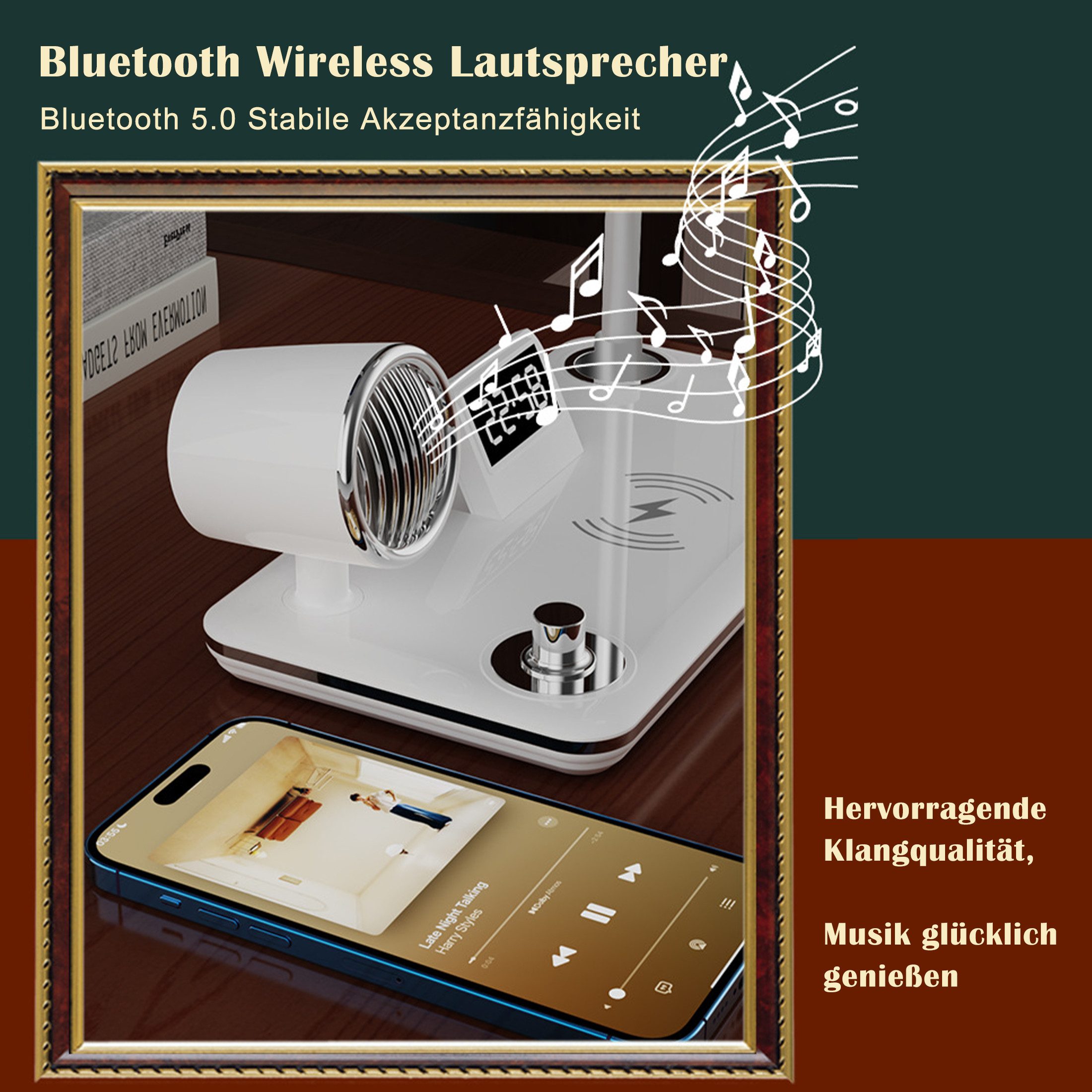 ibettertec LED Nachttischlampe LED Schreibtischlampe mit kabellosem Ladegerät,Bluetooth Lautsprecher, 3 Farben Dimmbar Touch-Steuerung, Led Schreibtischlampe Dimmbar mit Alarm, Bluetooth-Speaker Tischlampe, Geeignet für Schlafzimmer,Wohnzimmer,Arbeitszimmer,etc