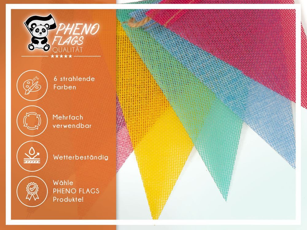 PHENO FLAGS Flagge Wimpelkette aus reinem Leinen-Stoff mit 6 Farben, 5 m, Outdoor & Indoor geeignete, wiederverwendbar