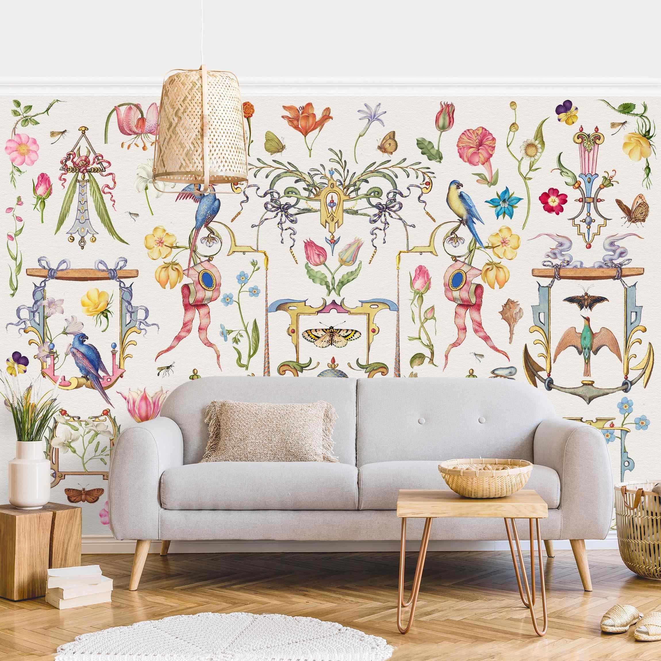 Bilderdepot24 Fototapete Antike Collage Blumen Floral Illustration Retro Vintage Tiere bunt, Glatt, Matt, (Vliestapete inkl. Kleister oder selbstklebend), Wohnzimmer Schlafzimmer Küche Flur Motivtapete Vliestapete Wandtapete
