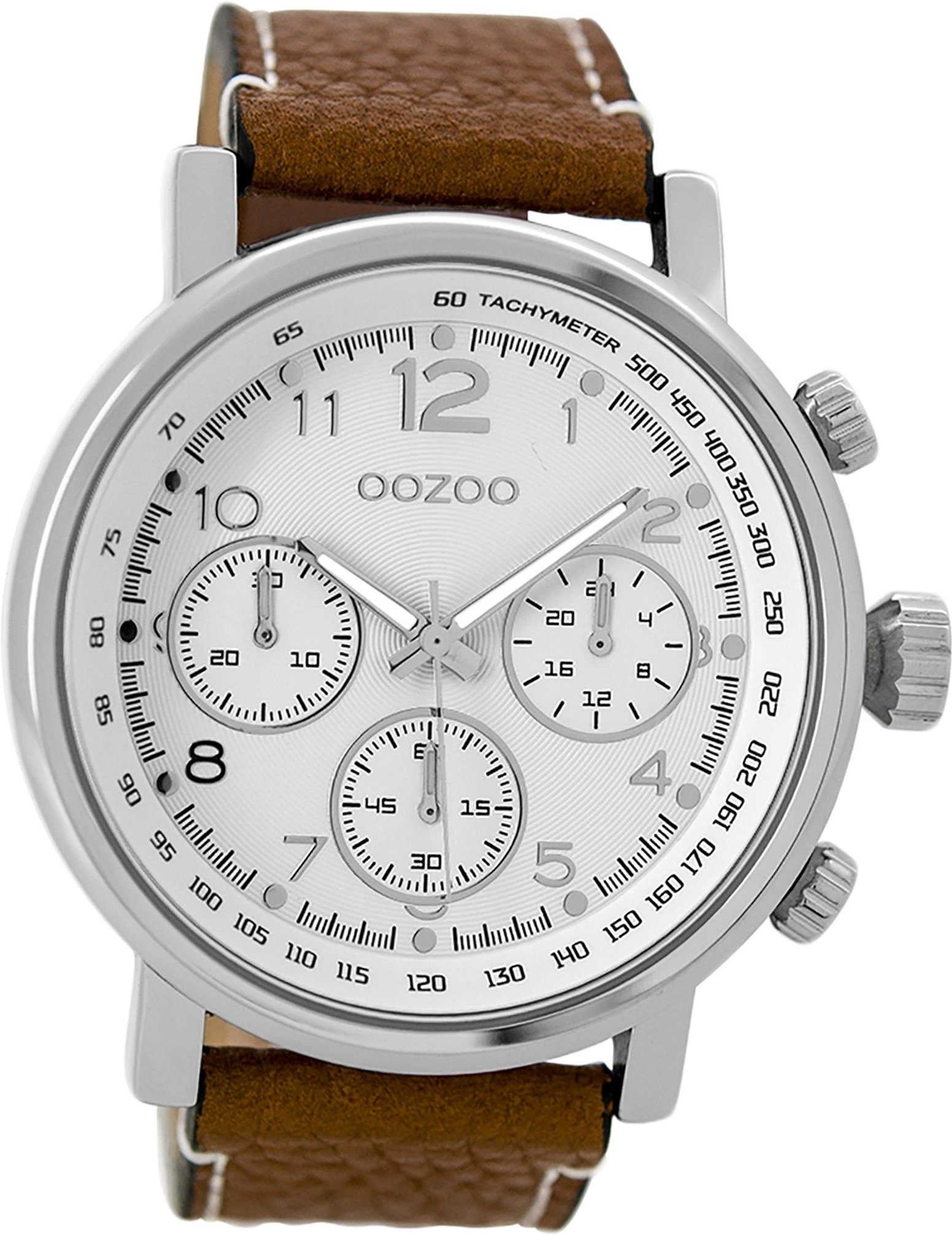 OOZOO Quarzuhr Oozoo Leder Herren Uhr C9455 Quarzuhr, Herrenuhr  Lederarmband braun, rundes Gehäuse, extra groß (ca. 48mm) | Quarzuhren