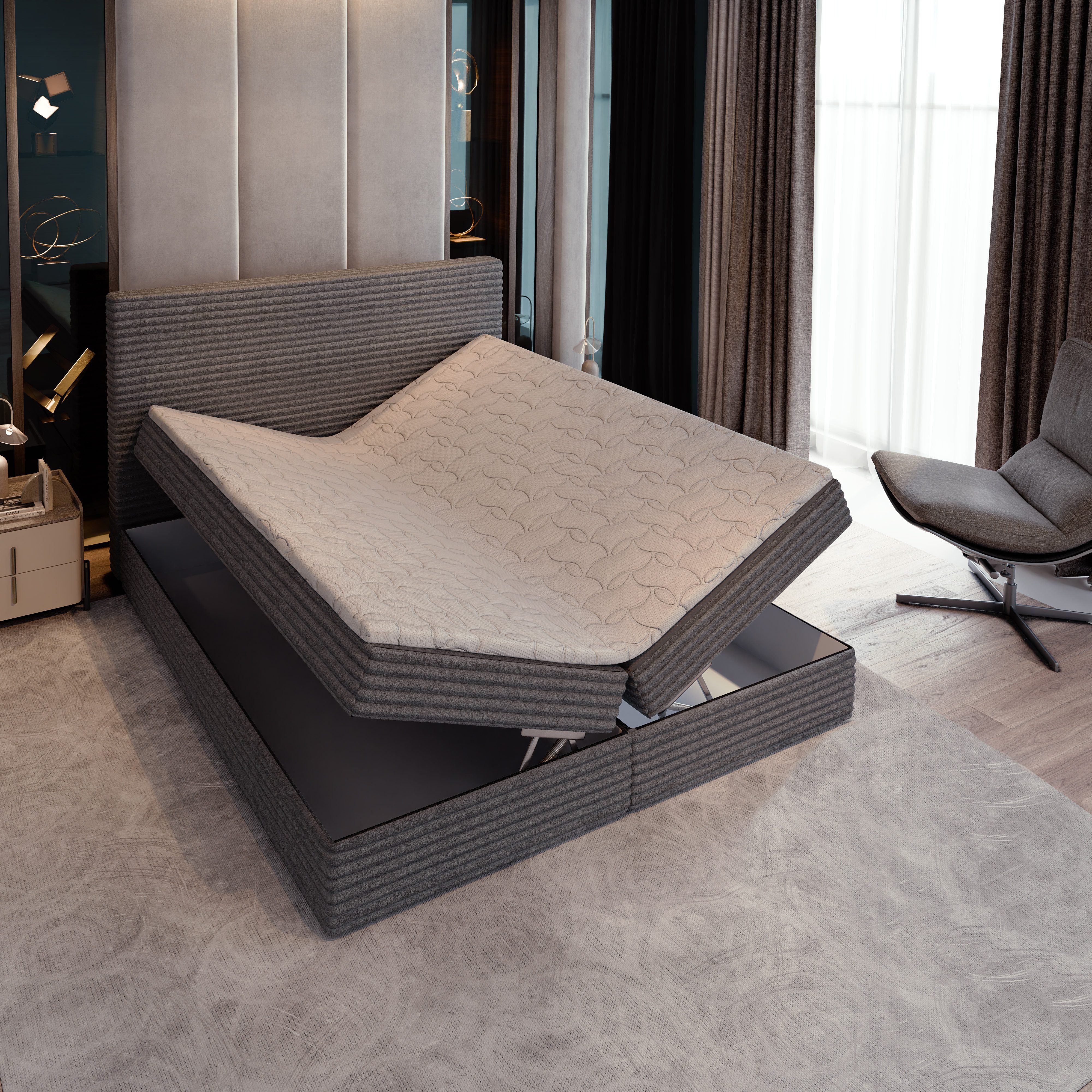 Masseno Boxbett PISA 160x200 cm mit Bonell Matratze und Topper, Doppelbett, Polsterbett mit Kopfteil, Boxspringbett
