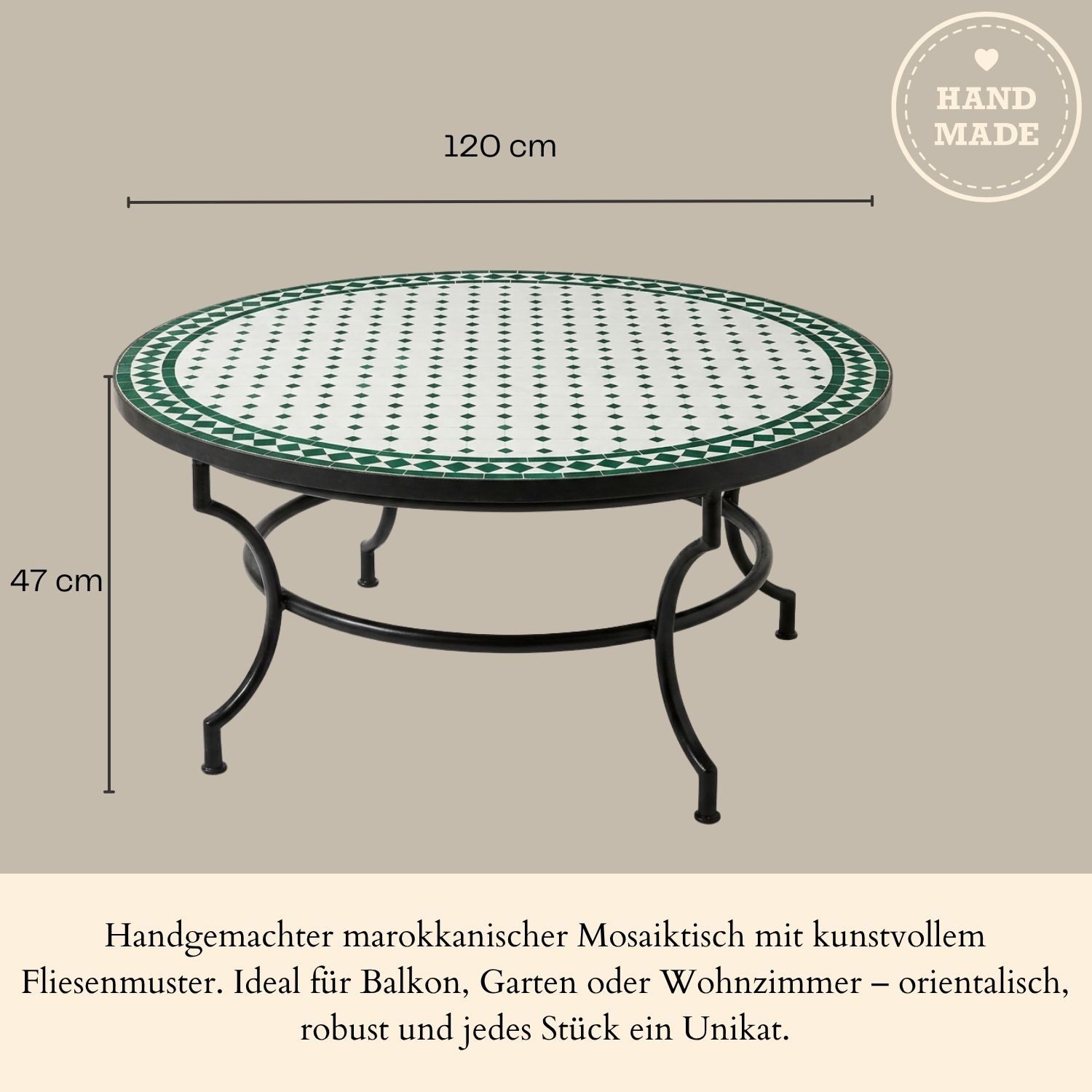 Marrakesch Orient & Mediterran Interior Gartentisch Marokkanischer Mosaik-Couchtisch Marrakesch Weiß-Grün modern 120 cm, Handarbeit