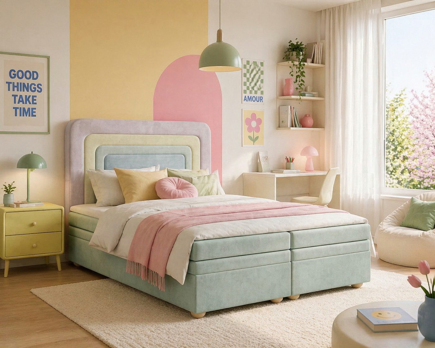 MOEBLO Boxbett NEST (Regenbogenbett, regenbogenförmige abgerundete Kopfstütze, mit Bettkasten, Samt, Velour, Bonell + Topper, Doppelbett buntes Bett), (BxHxT): 143 / 163 / 183 x 125 x 214 cm