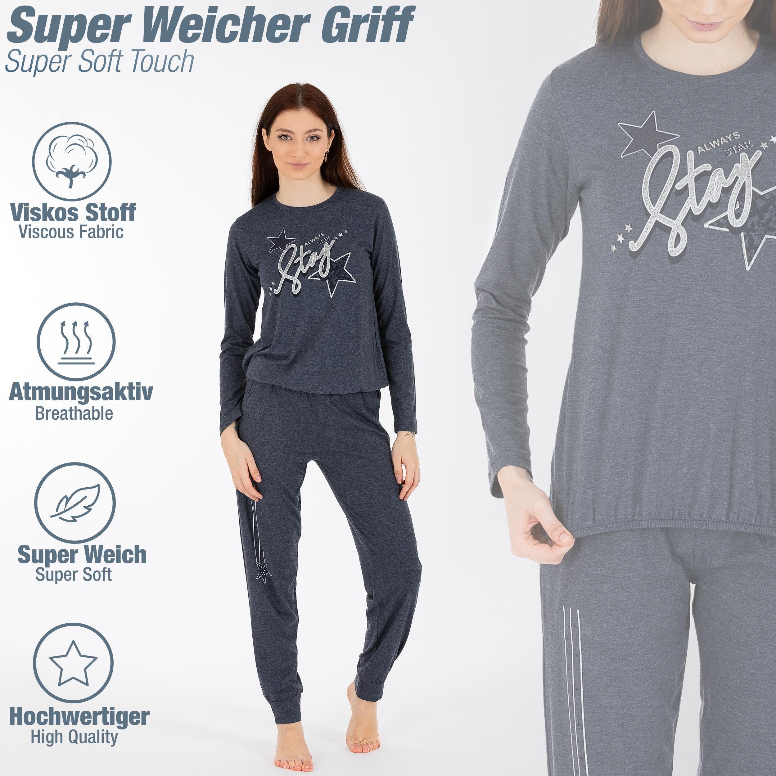 LOREZA Schlafanzug Schlafanzug Pyjama langarm- Stern - Grau (Set, 2 tlg) günstig online kaufen