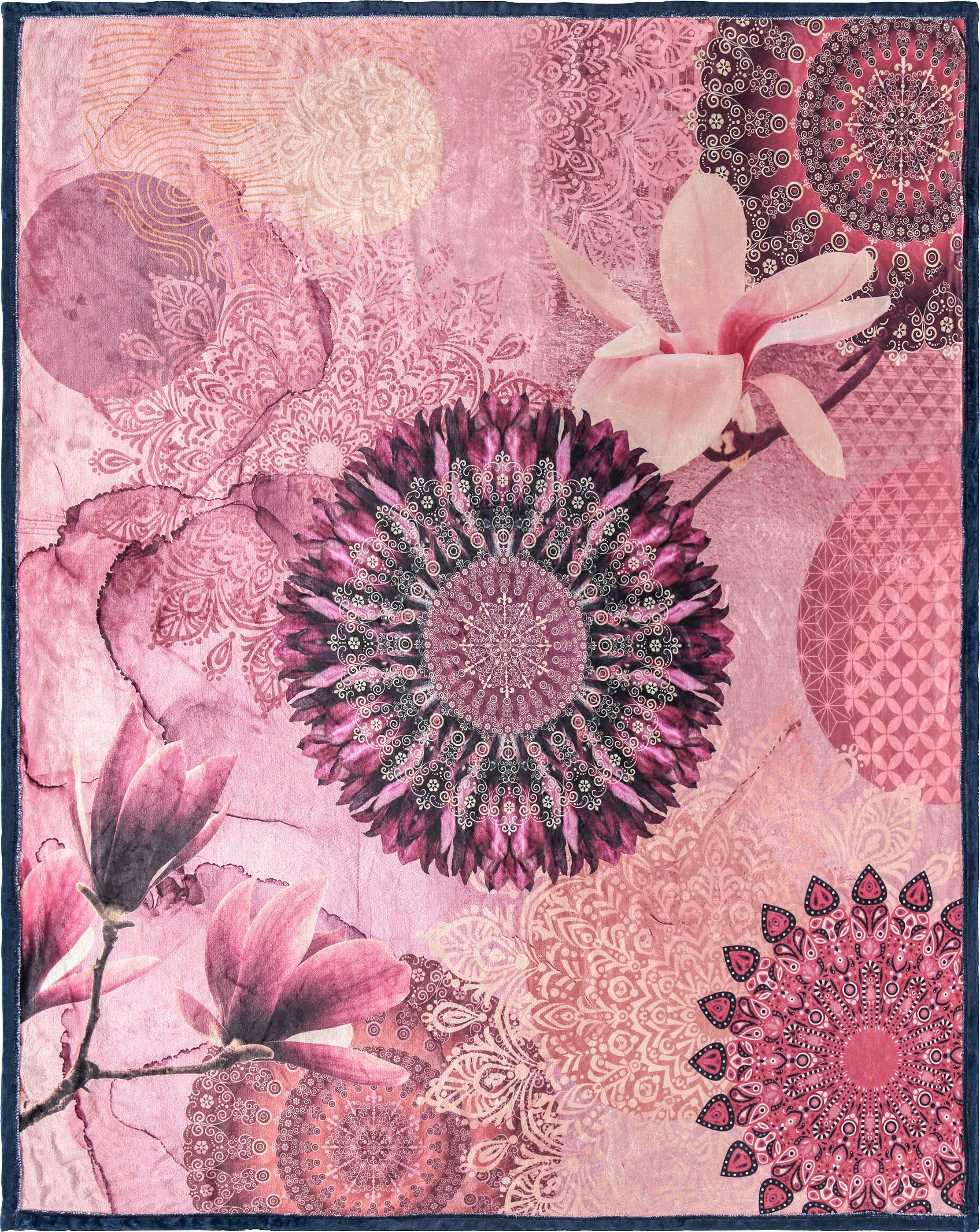 Plaid Zinzi, hip, Weich, Kuscheldecke, 130x160 cm, Wendeoptik, Mandala, Blumen