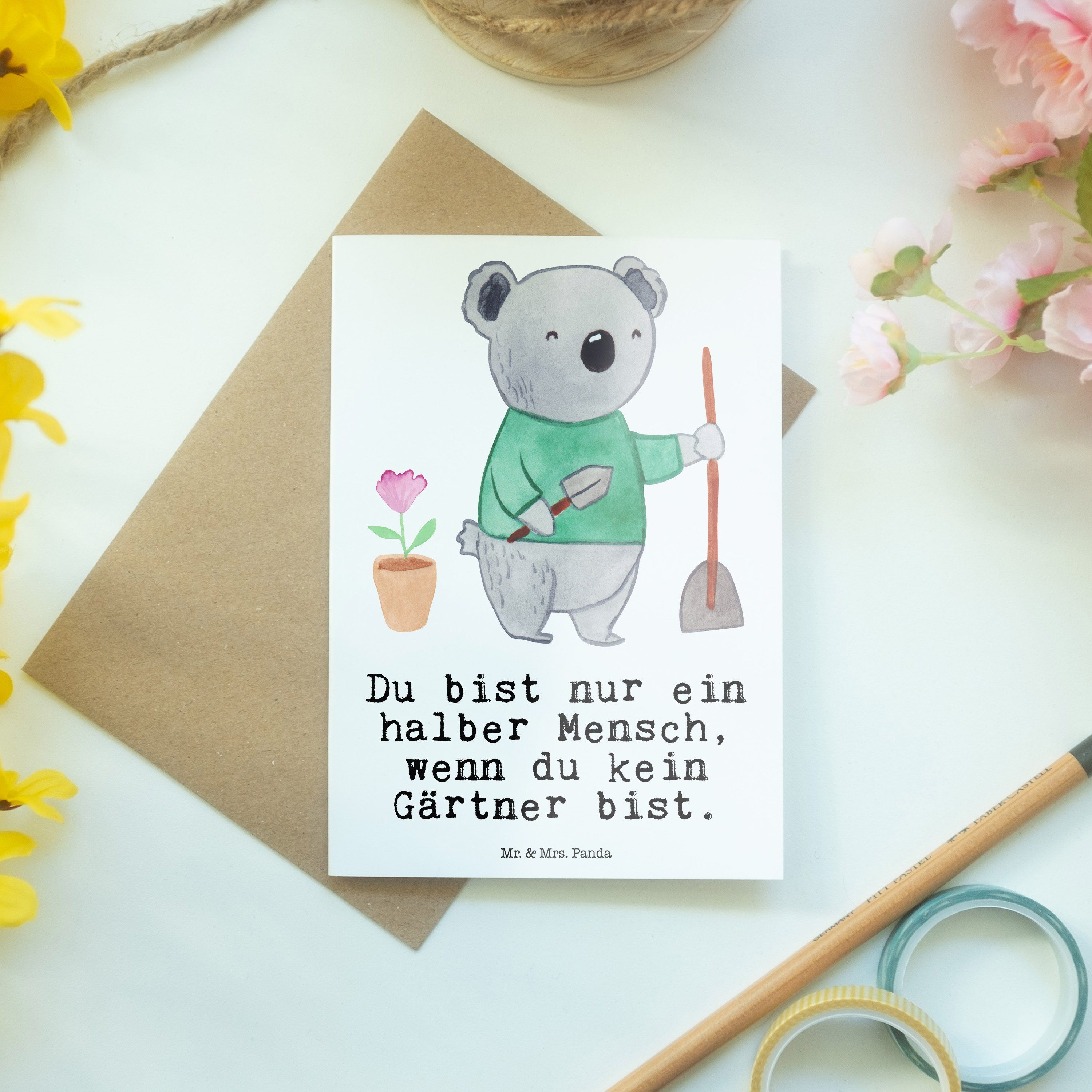 Geschenk, - Gart Weiß Herz mit Mr. - Klappkarte, Grußkarte Panda Mrs. Gärtner & Einladungskarte,