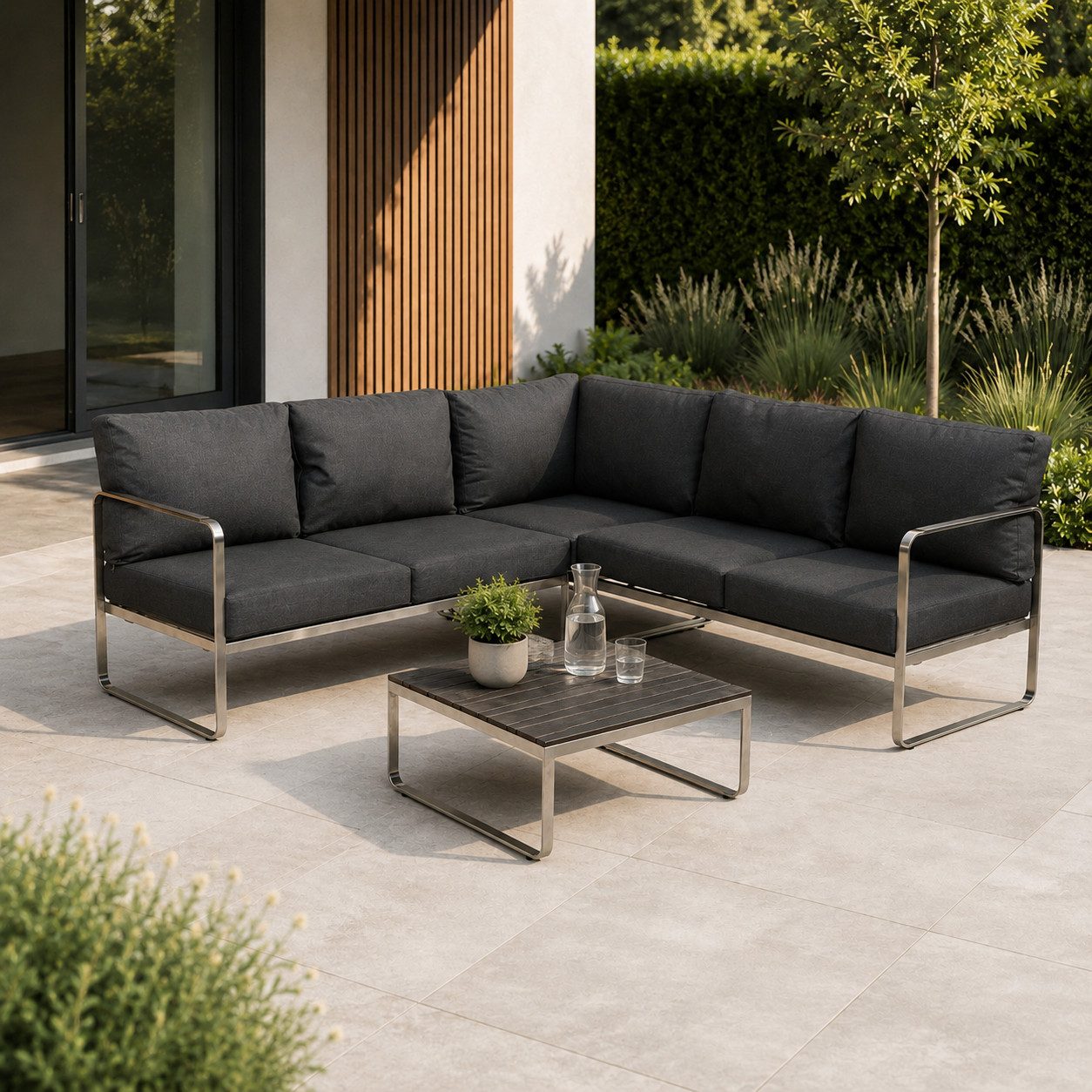 Greemotion Gartenlounge-Set Boston Lounge-Set Schwarz-Holz / Grau inkl. Auflagen & Tisch