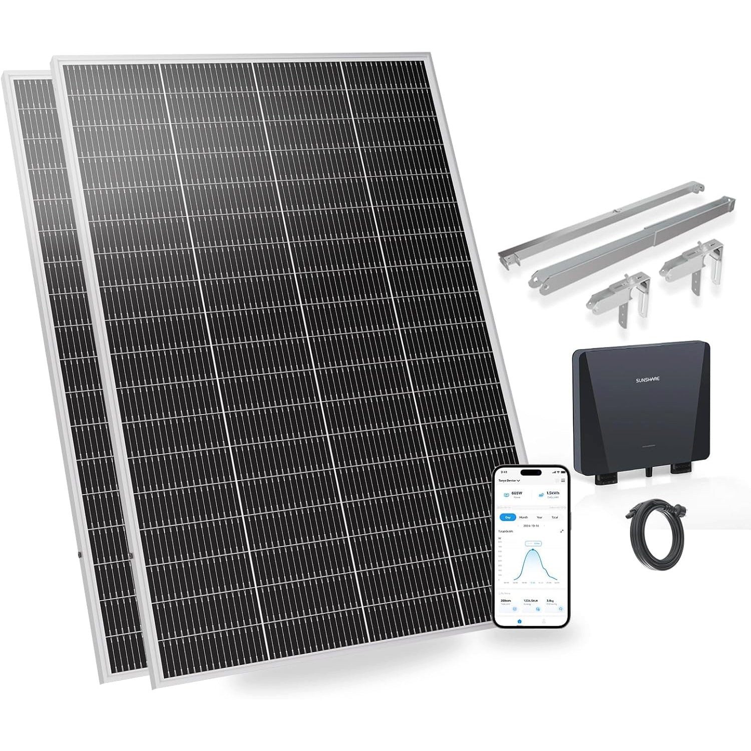 Sunshare Balkonkraftwerk Ray Lite 400 W Plug & Play Solarsystem mit Mikro-Wechselrichter, 200 W, Monokristallin N‑Typ TOPCon, (2-St., 400 W Balkonkraftwerk mit Mikro‑WR, WLAN und Halterung), Effizient, schwachlichtstark, kompakt, modular bis 1200 W erweiterbar