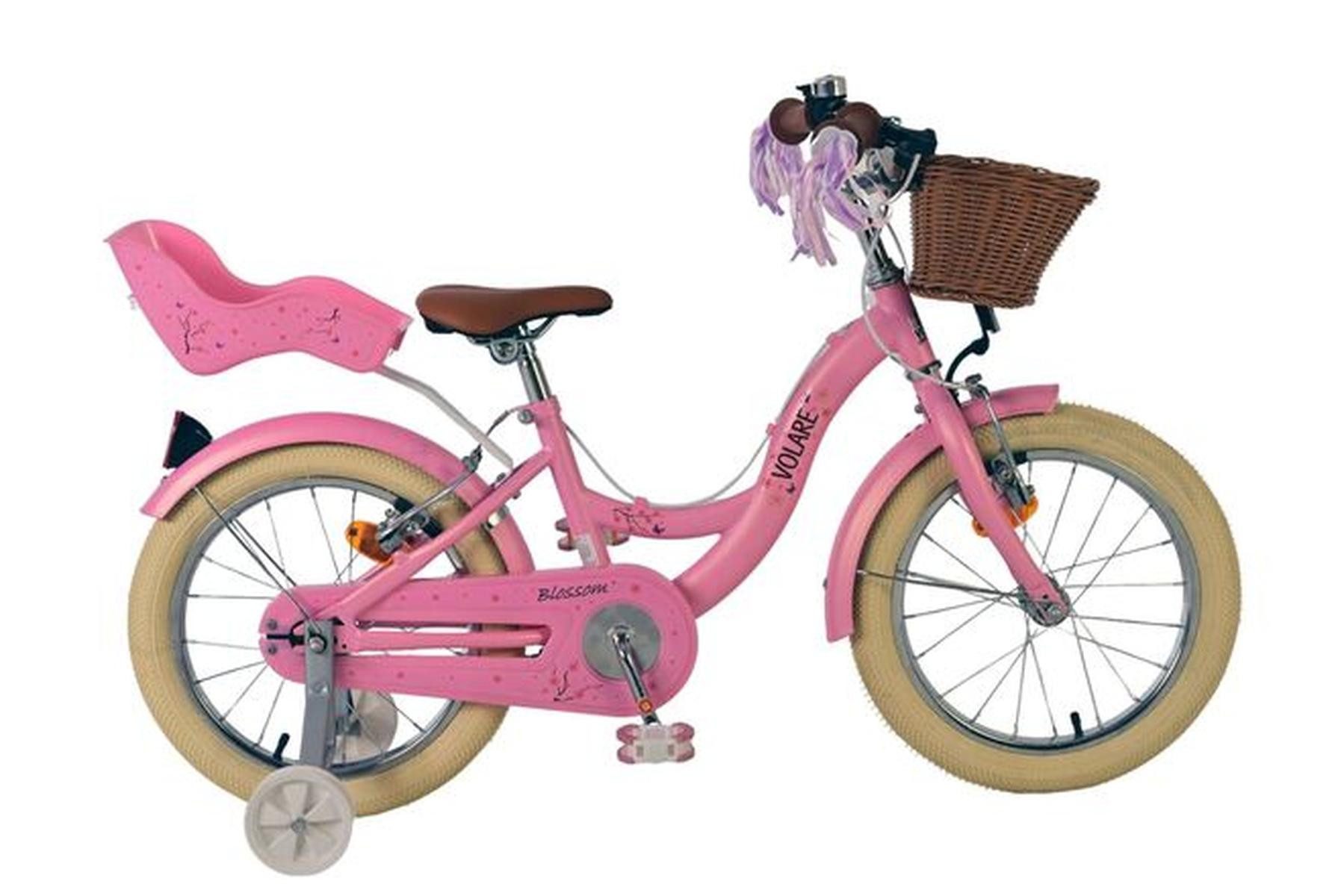 Volare Kinderfahrrad Blossom Mädchen 16 Zoll Rosa mit zwei Handbremsen und Weidenkorb, abnehmbare Stützräder, geschlossene Kettenschutz, Weidenkorb