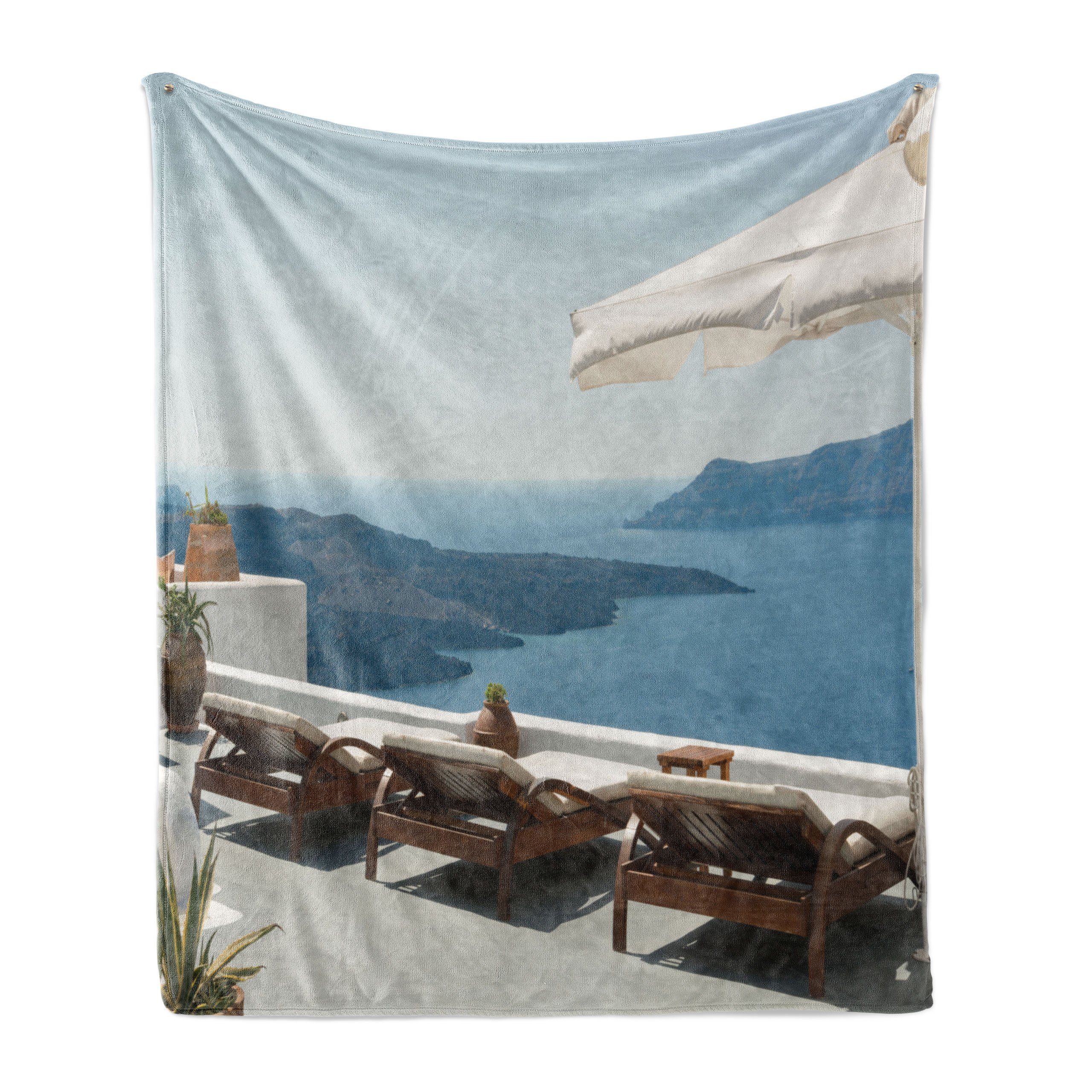 Wohndecke Gemütlicher Plüsch für den Innen- und Außenbereich, Abakuhaus, griechisch Blick auf die Caldera Santorini