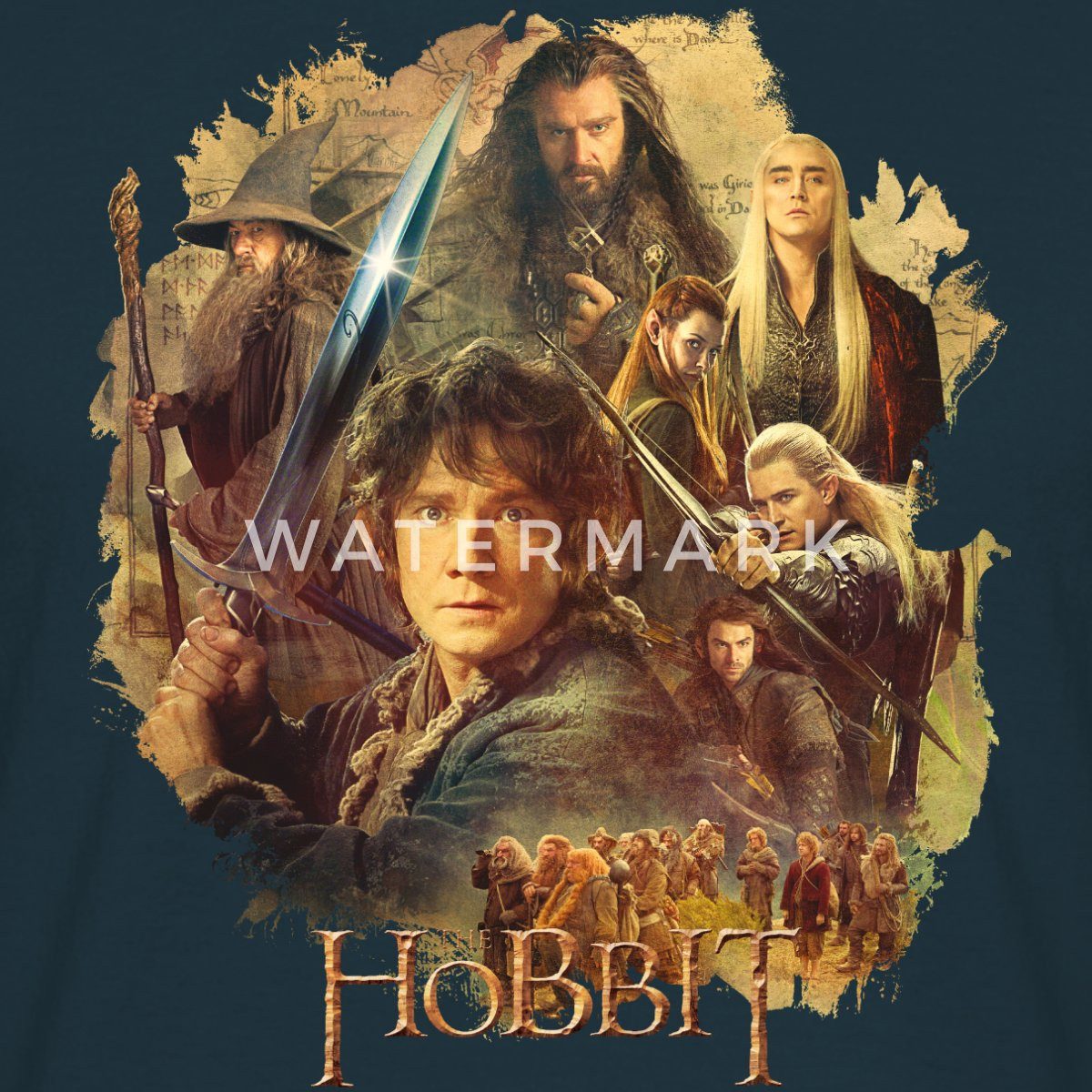 Spreadshirt T-Shirt Der Hobbit Charaktere Um Bilbo Beutlin Mit Stich Männer T-Shirt (1-tlg)