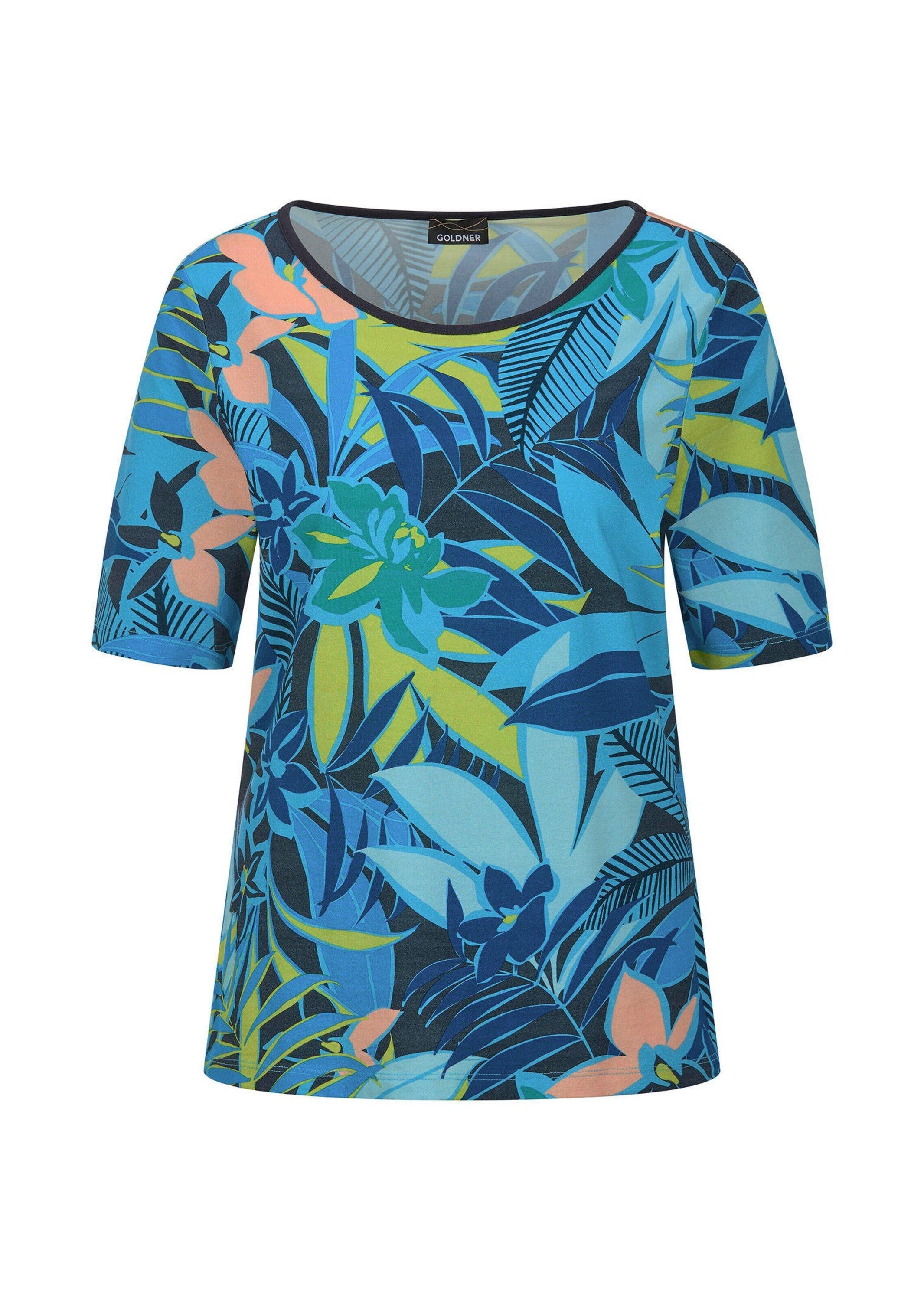GOLDNER T-Shirt Druckshirt mit floralem Print Viskoseshirt mit U-Boot-Ausschnitt und Halbarm