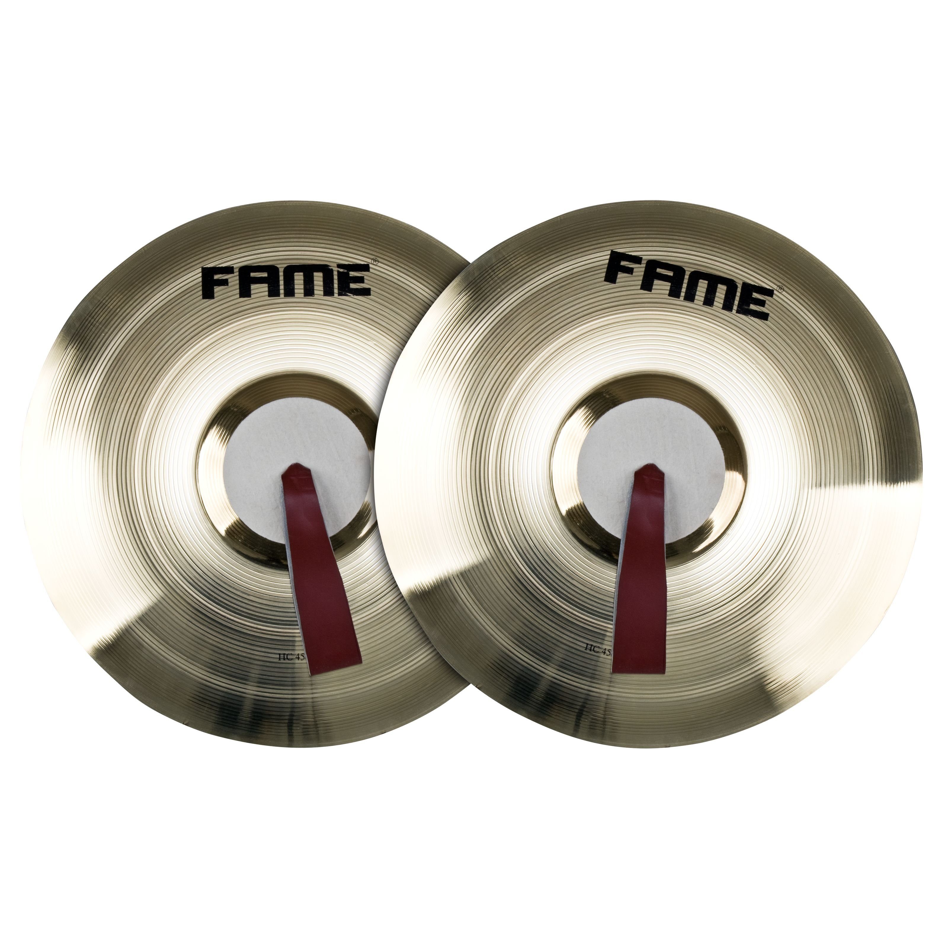 FAME Becken,18 Zoll Marching Cymbals Messing Leichtgewicht Marschbecken für Anfänger inklusive Pads und Riemen heller Sound hartem Attack langem Sustain DRU0019478-000, Marching, Becken, Marching Cymbals, Leichtgewicht, heller Sound
