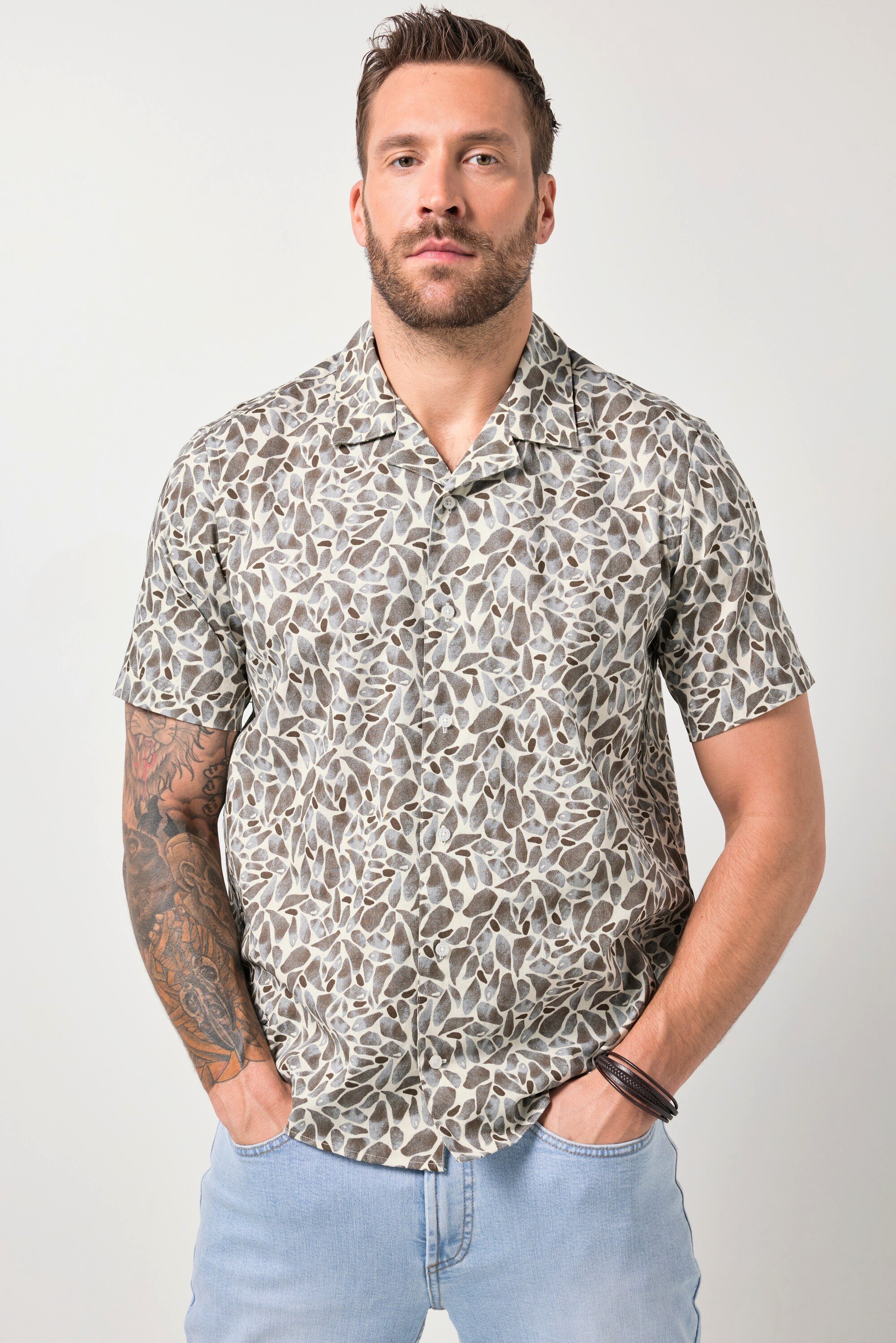 Kurzarmhemd Leinenmix-Hemd Halbarm Cuba-Kragen floraler Print