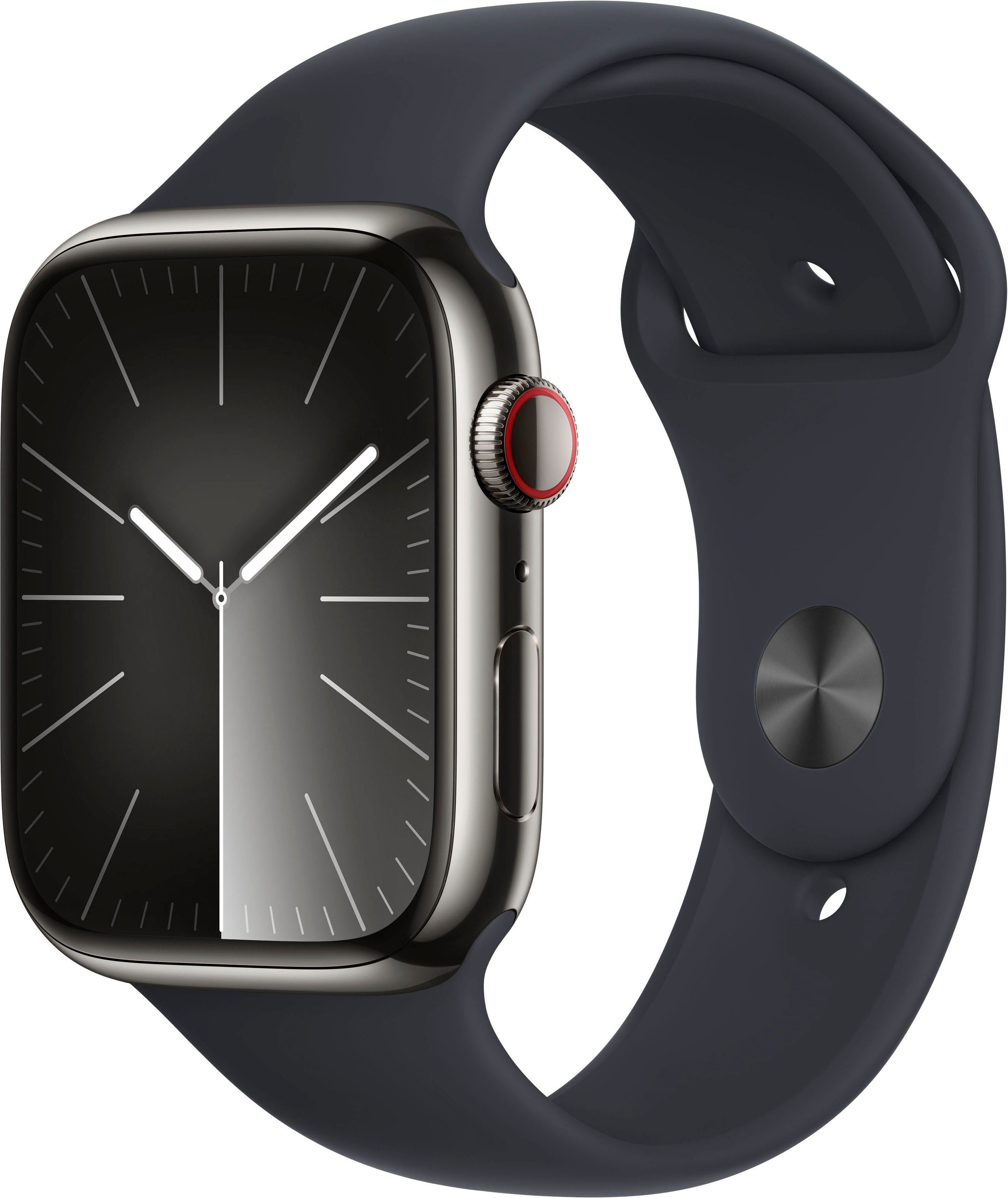 Apple Watch Series 9 GPS + Cellular Stainless Steel 45mm M/L Smartwatch (4,5 cm/1,77 Zoll, Watch OS 10), Sport Band Midnight | graphite