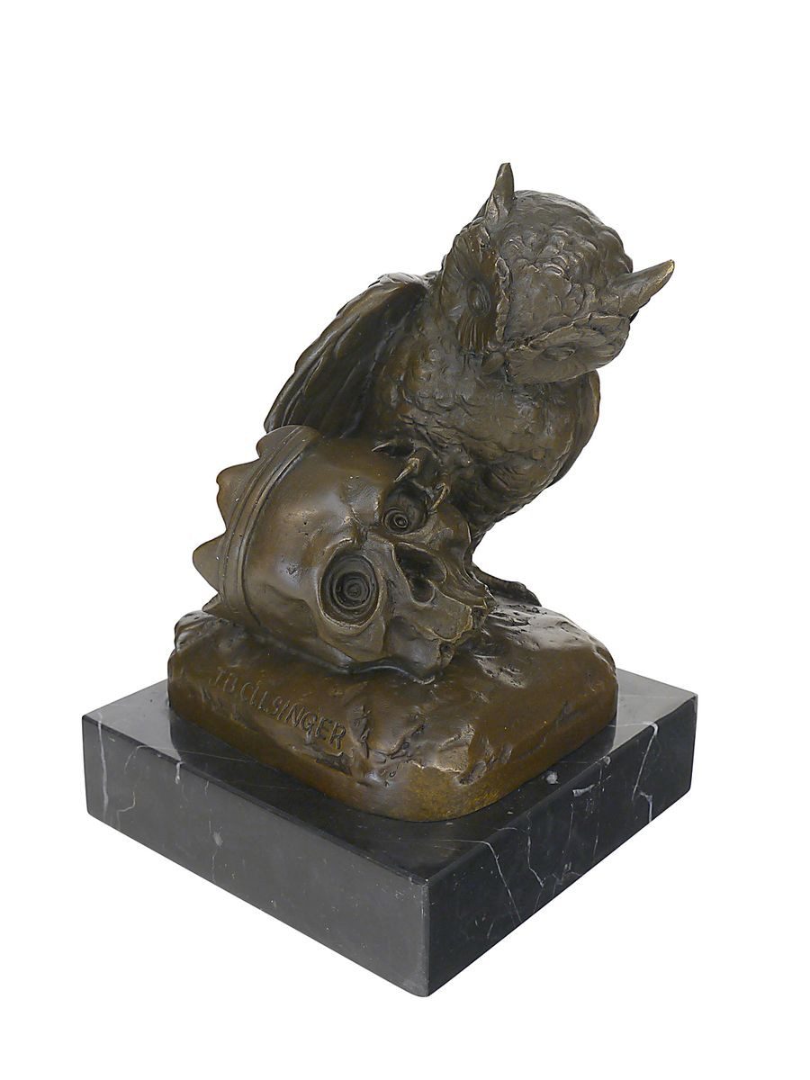 Dekoobjekt Bronze Figur eine Eule mit Totenkopf Skulptur