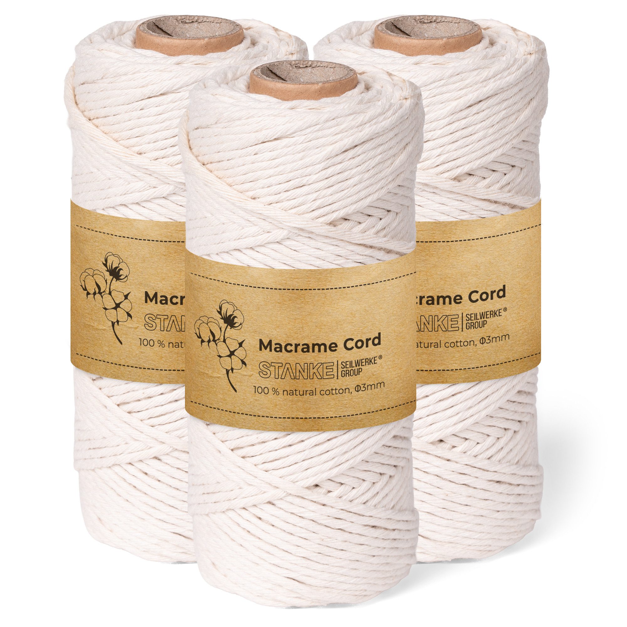 STANKE Makramee Garn 3mm Set 3x100 m - Farbe: Natur Bastelgarn, 300 m (3x100m Rolle, 3-St., 3x100m Rolle), Baumwollgarn für Boho DIY, Körbchen, Traumfänger 100% Baumwolle