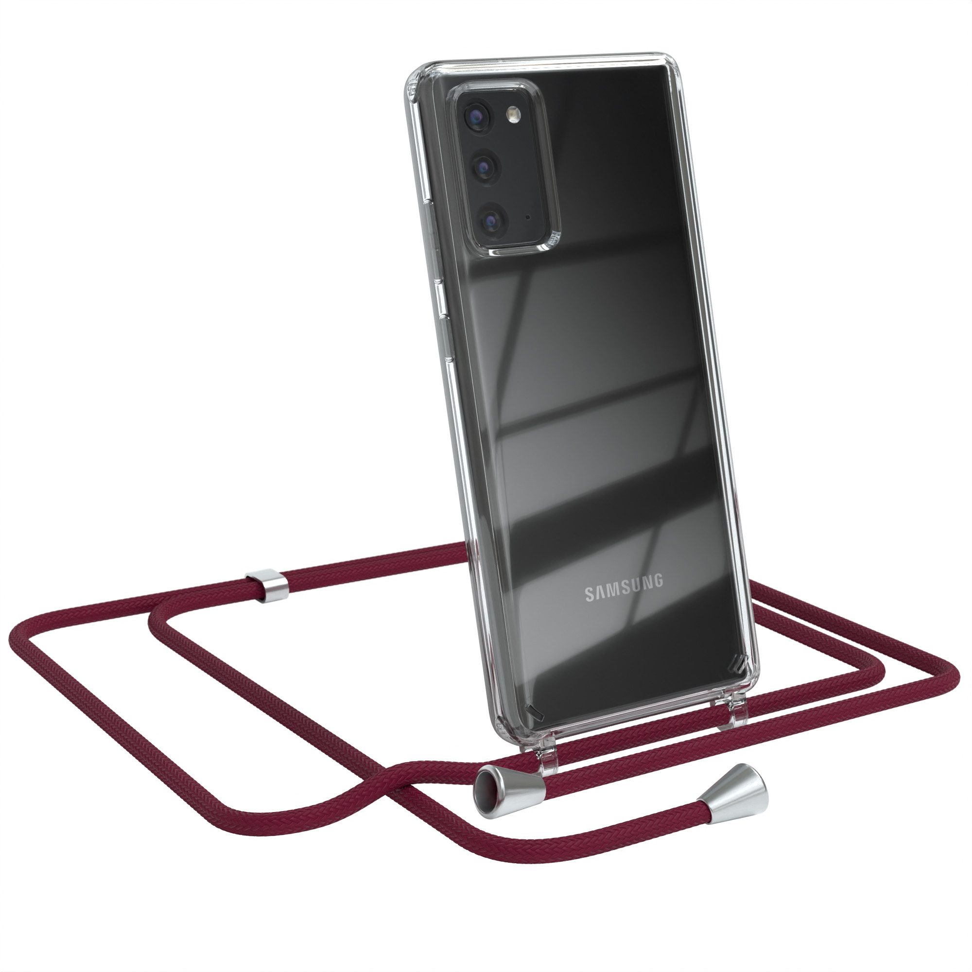 EAZY CASE Handykette Hülle mit Kette für Samsung Galaxy Note 20 / 5G 6,7 Zoll, Silikonhülle durchsichtig mit Umhängeband Handytasche Bordeaux Rot