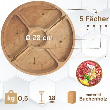 BRIZOLL Kochbesteck-Set Ø28cm Servierplatte aus natürlichem Holz (mit 5 geteilten Fächern), Board
