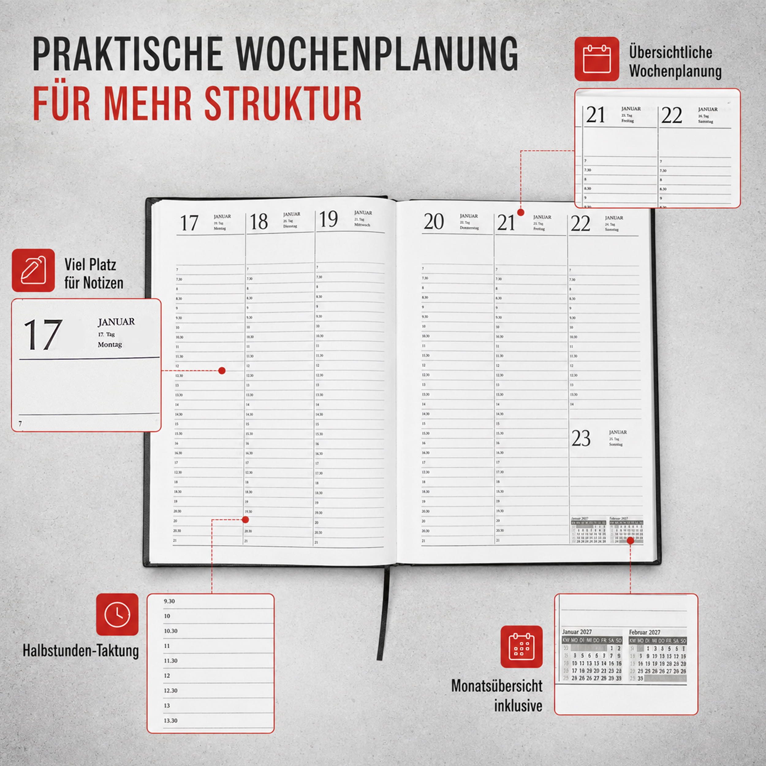 AMLI Buchkalender Terminkalender 2027 fast A4 1 Woche 2 Seiten Lederoptik Schwarz, Halbstunden-Taktung 7-21 Uhr, fast A4, Lederoptik, Leseband